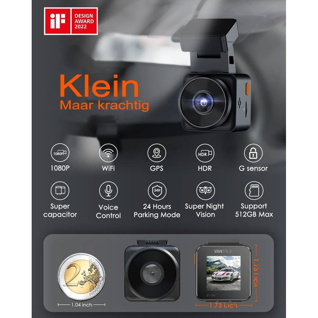 Kompakte Armaturenbrettkamera mit 1080p, WLAN, GPS, HDR, G-Sensor, Superkondensator, Sprachsteuerung, 24h Parkmodus.
