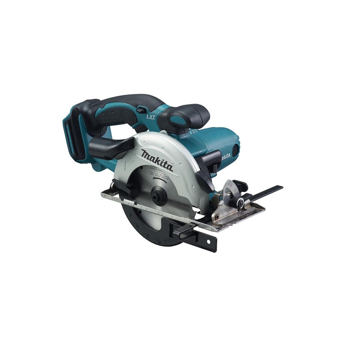 Una sega circolare Makita verde acqua e argento con manico nero e pacco batteria.