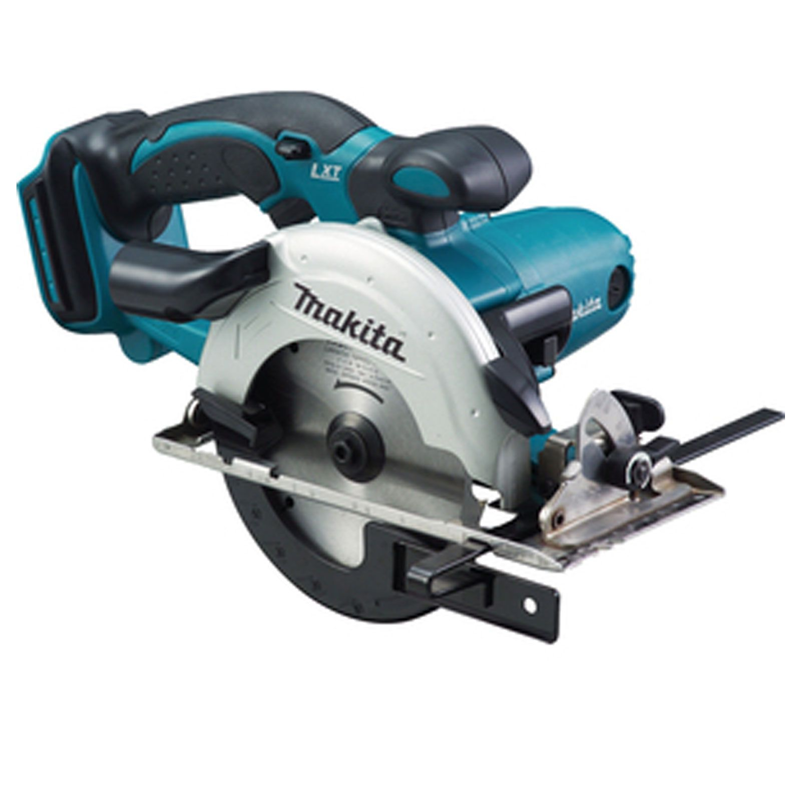 Una sega circolare Makita senza fili in turchese e argento con manico nero.