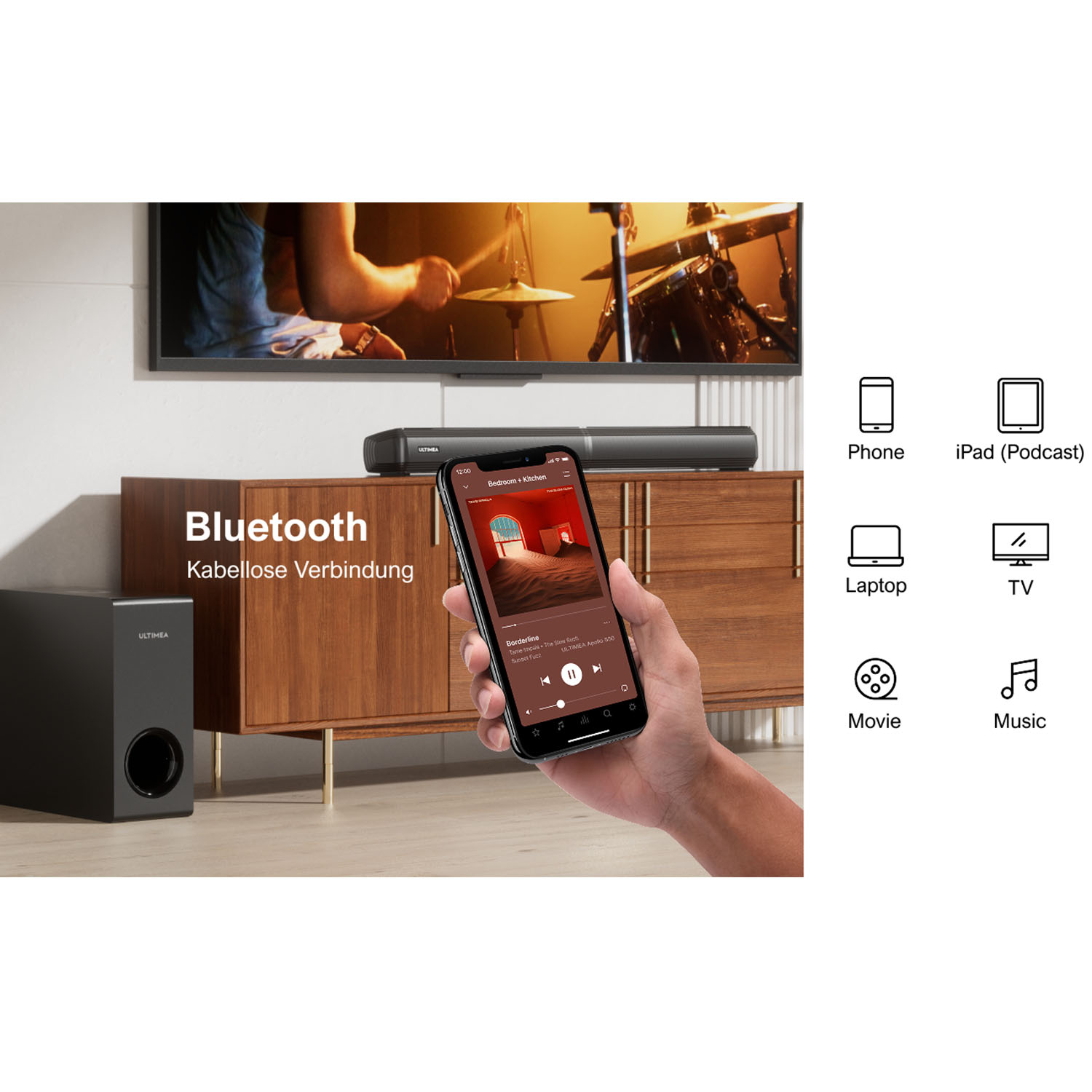 Ein Subwoofer, eine Soundbar und ein Smartphone vor einem Fernseher.