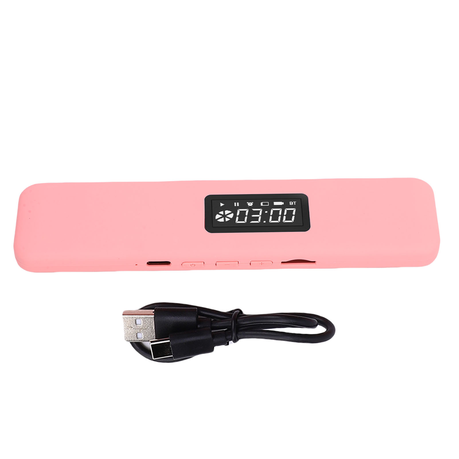 Un dispositivo rosa con cavo USB nero e schermo.