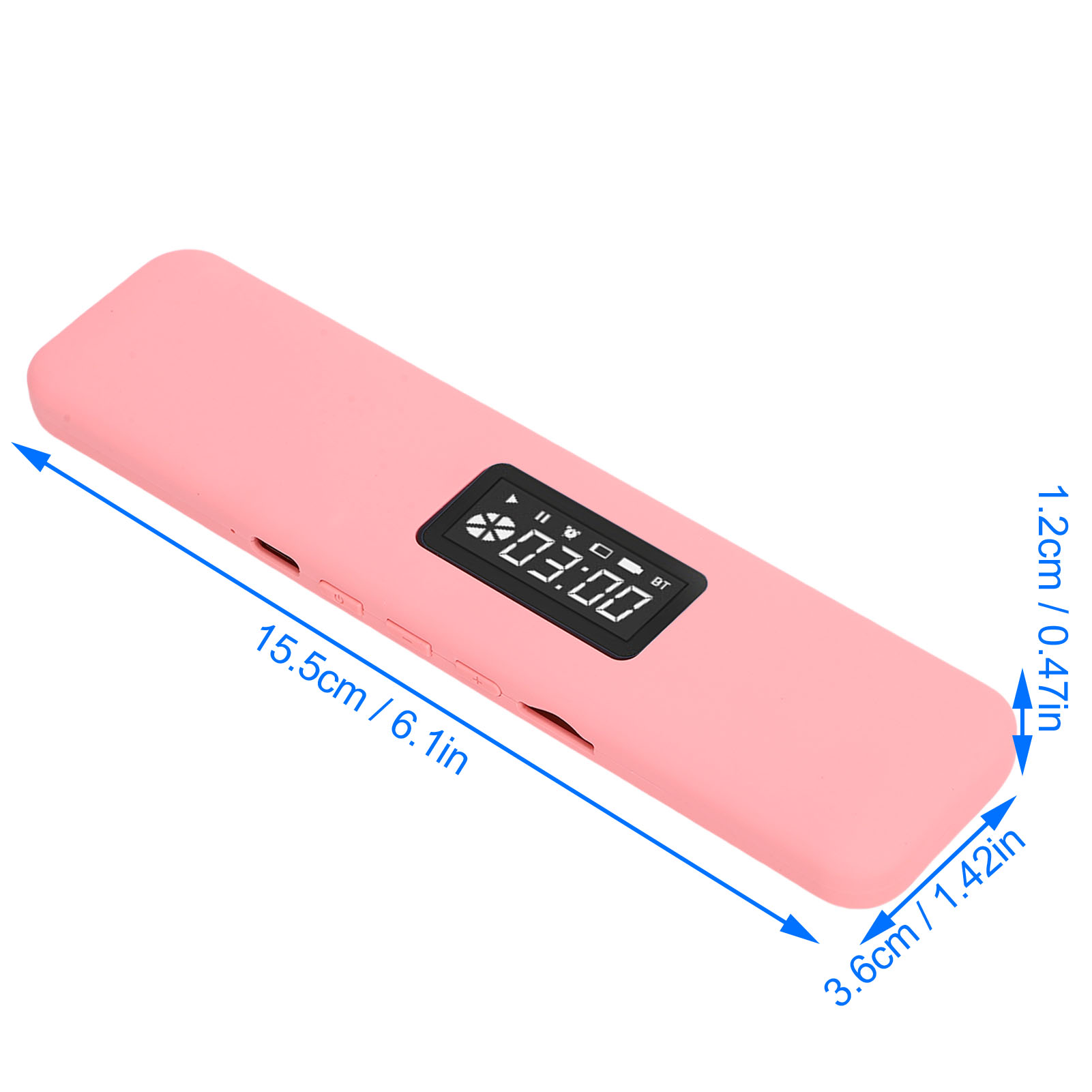 Un lettore MP3 rosa con schermo nero che mostra 03:00.