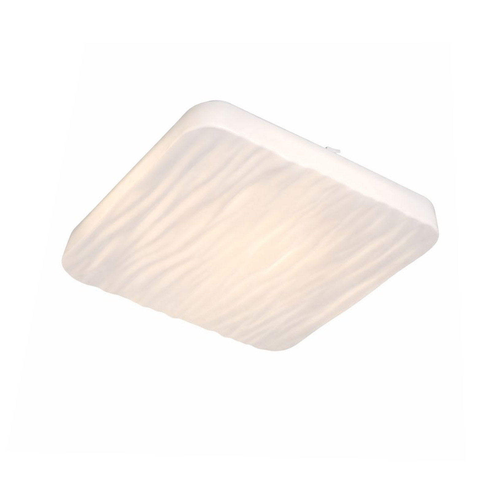 Una lámpara de techo blanca con superficie ondulada y luz cálida.