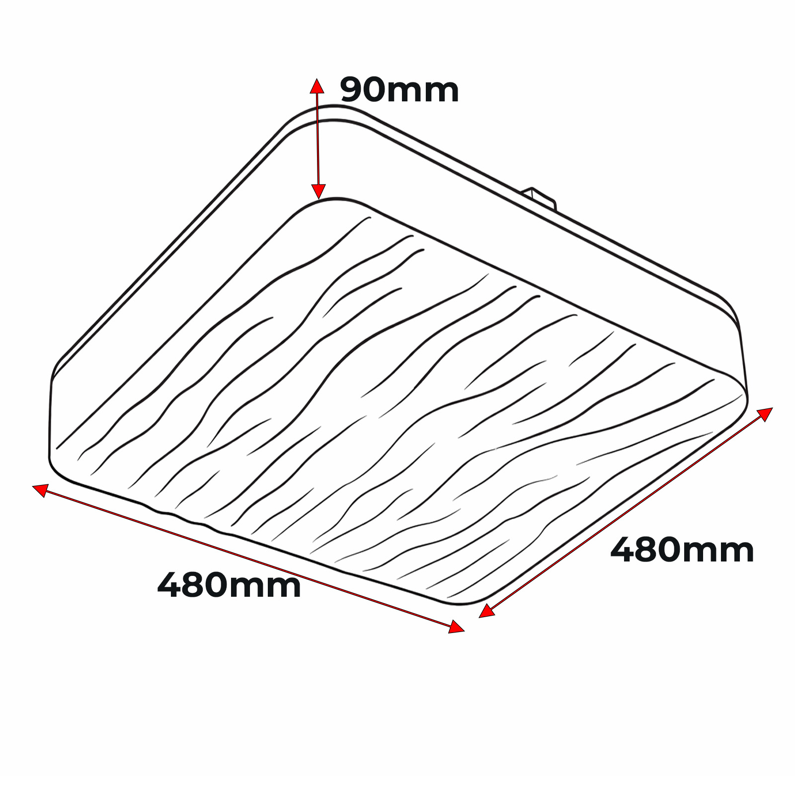 Una lámpara de techo cuadrada con patrón ondulado, mide 480x480x90mm.