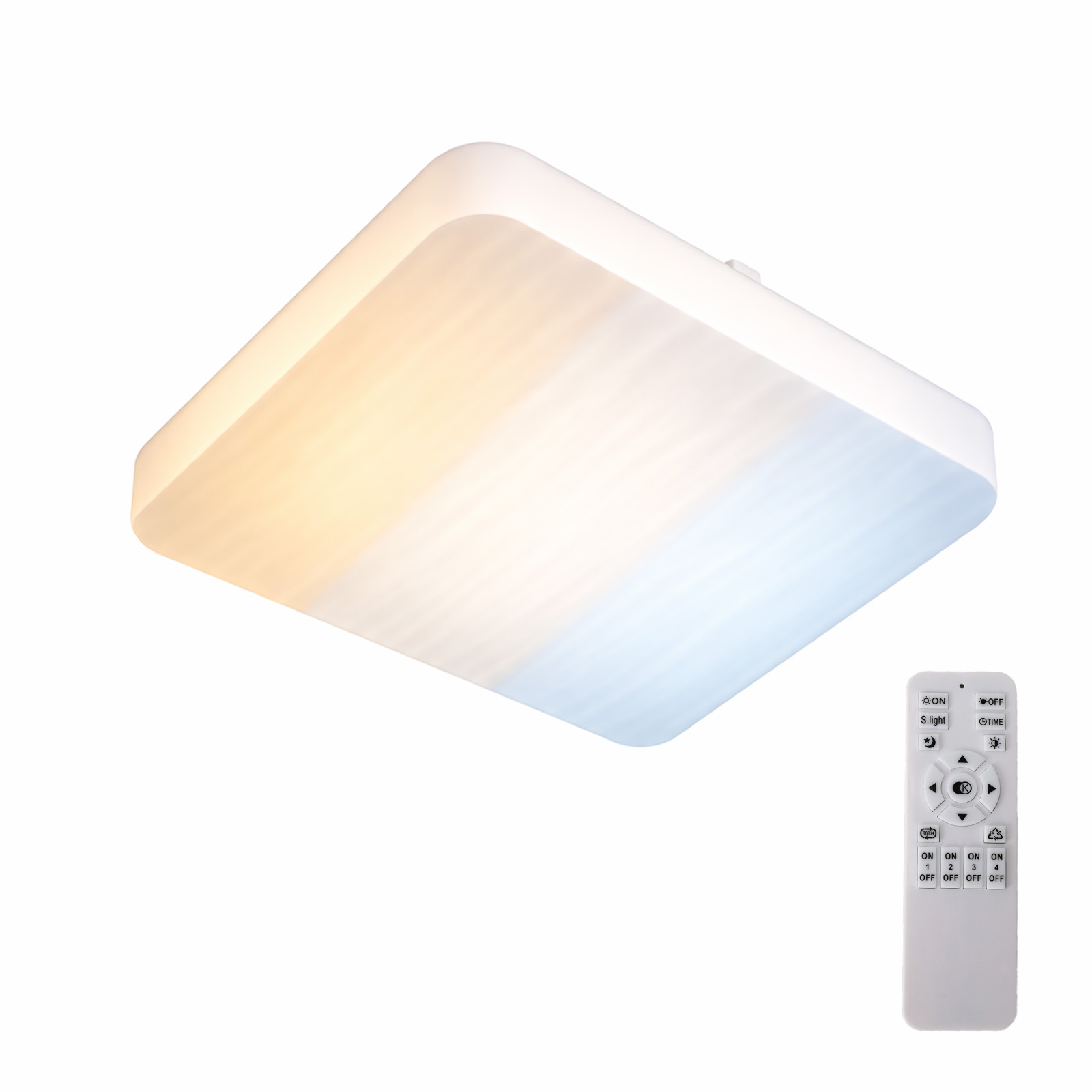 Una luz de techo cuadrada con mando a distancia. La luz muestra blanco cálido a blanco frío.