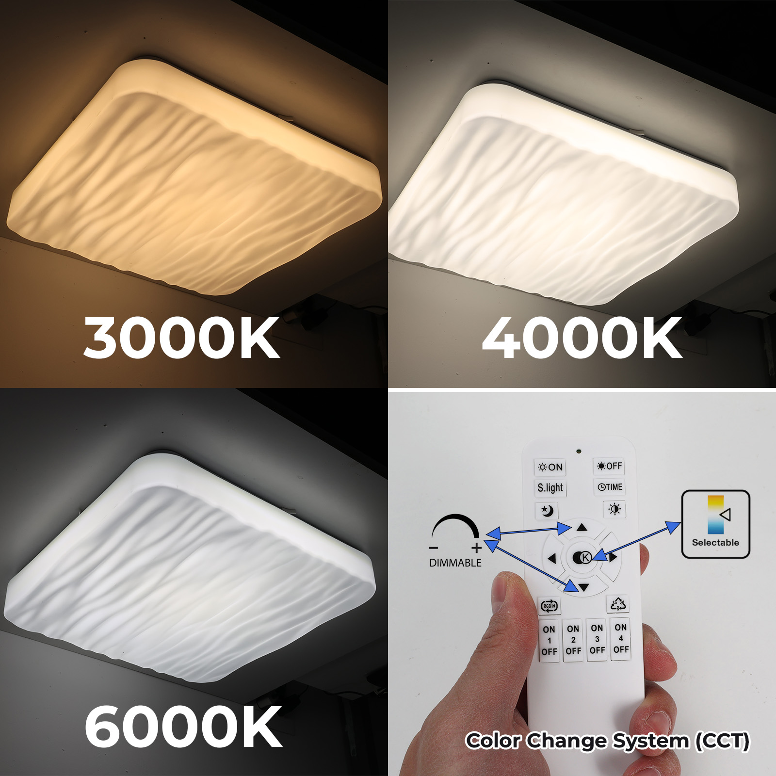 Luz de techo en 3000K, 4000K, 6000K con mando a distancia.