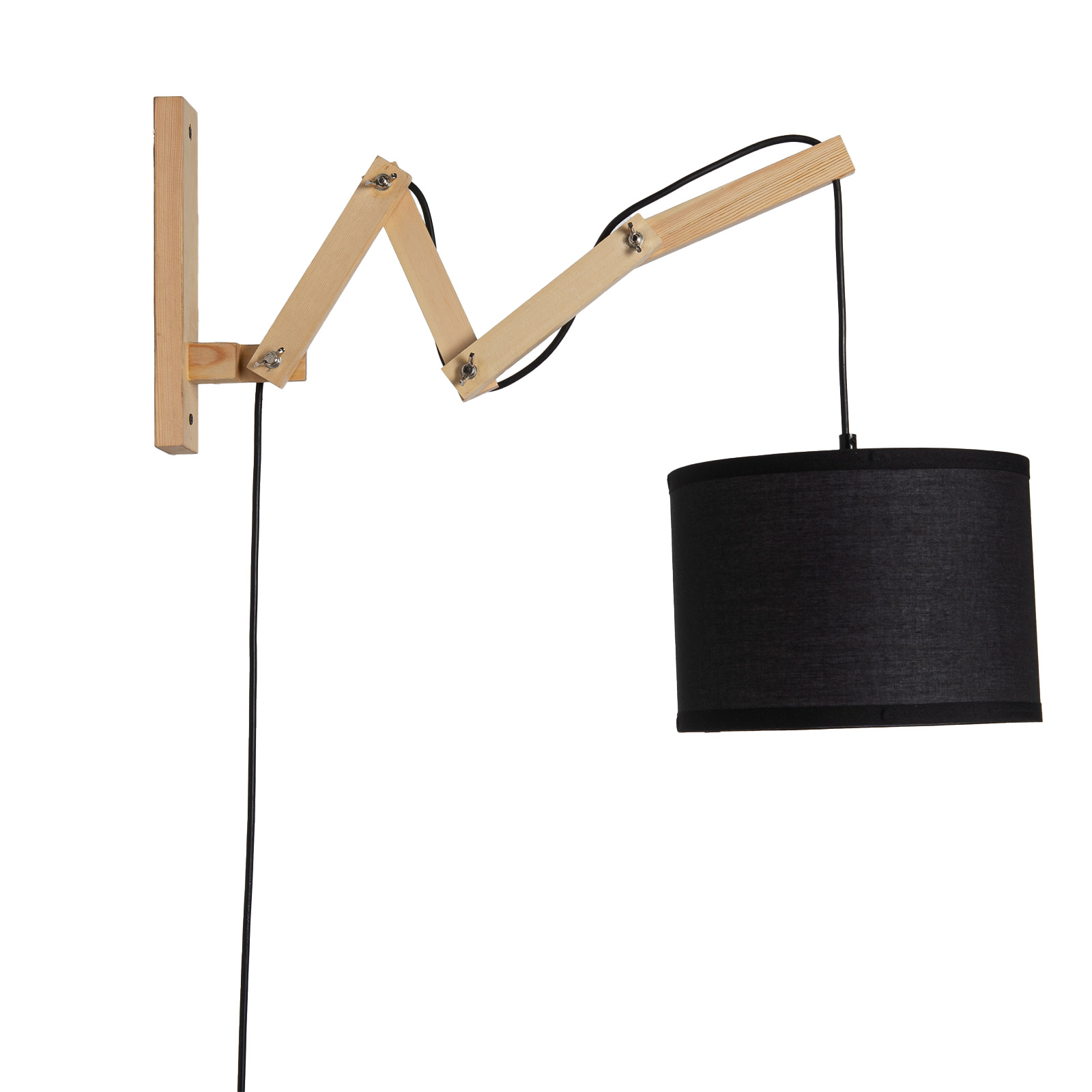 Lámpara de pared de madera con pantalla de tela negra y brazo ajustable.