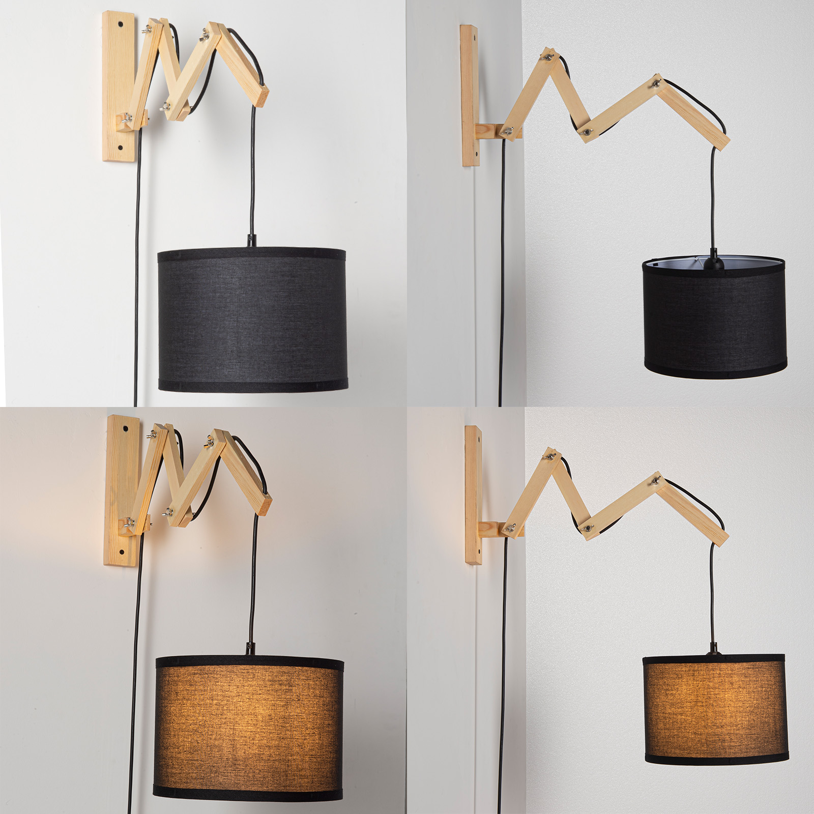 Lámpara de pared de madera con pantalla de tela negra y brazo ajustable.
