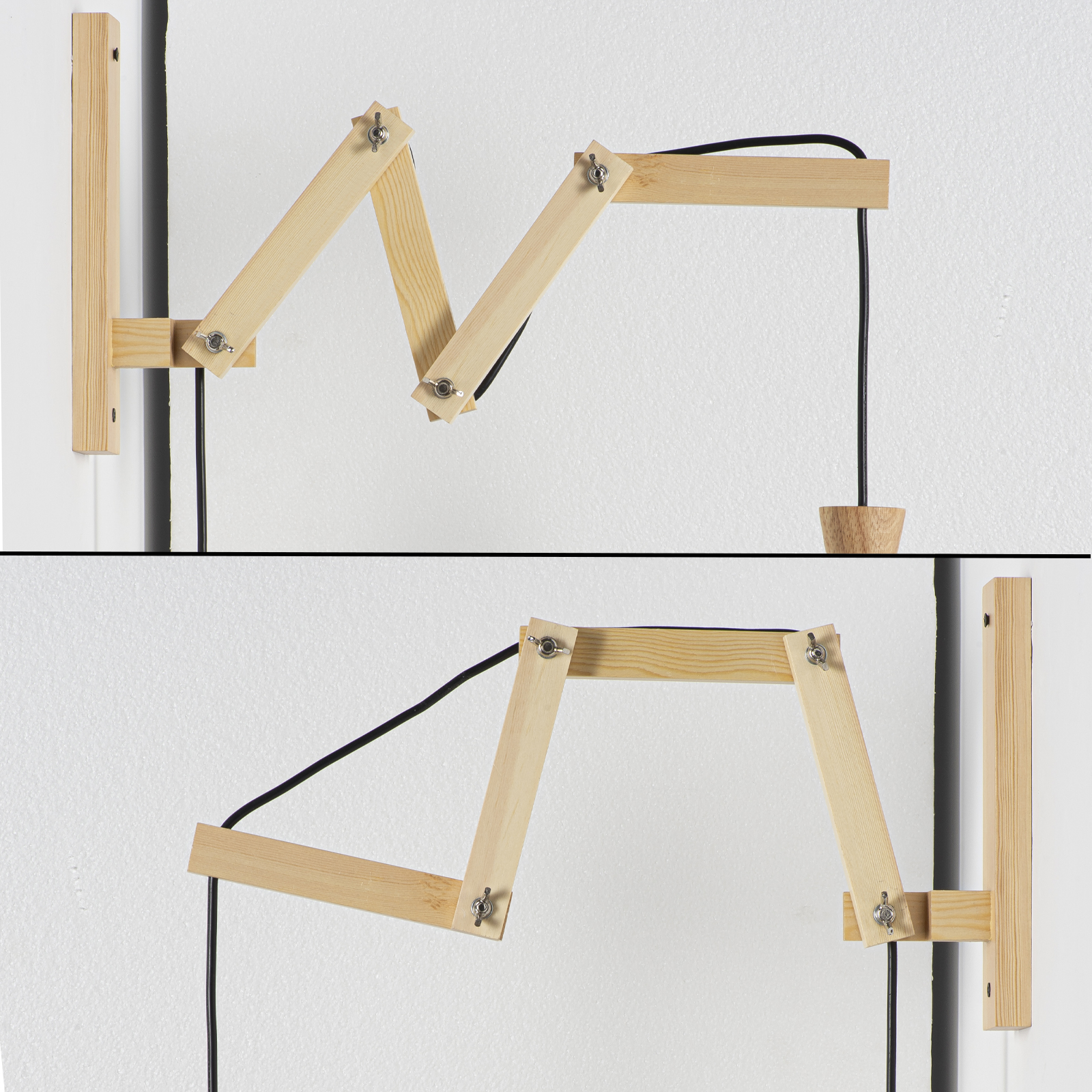 Un brazo de madera ajustable con cable negro cuelga de una pared.