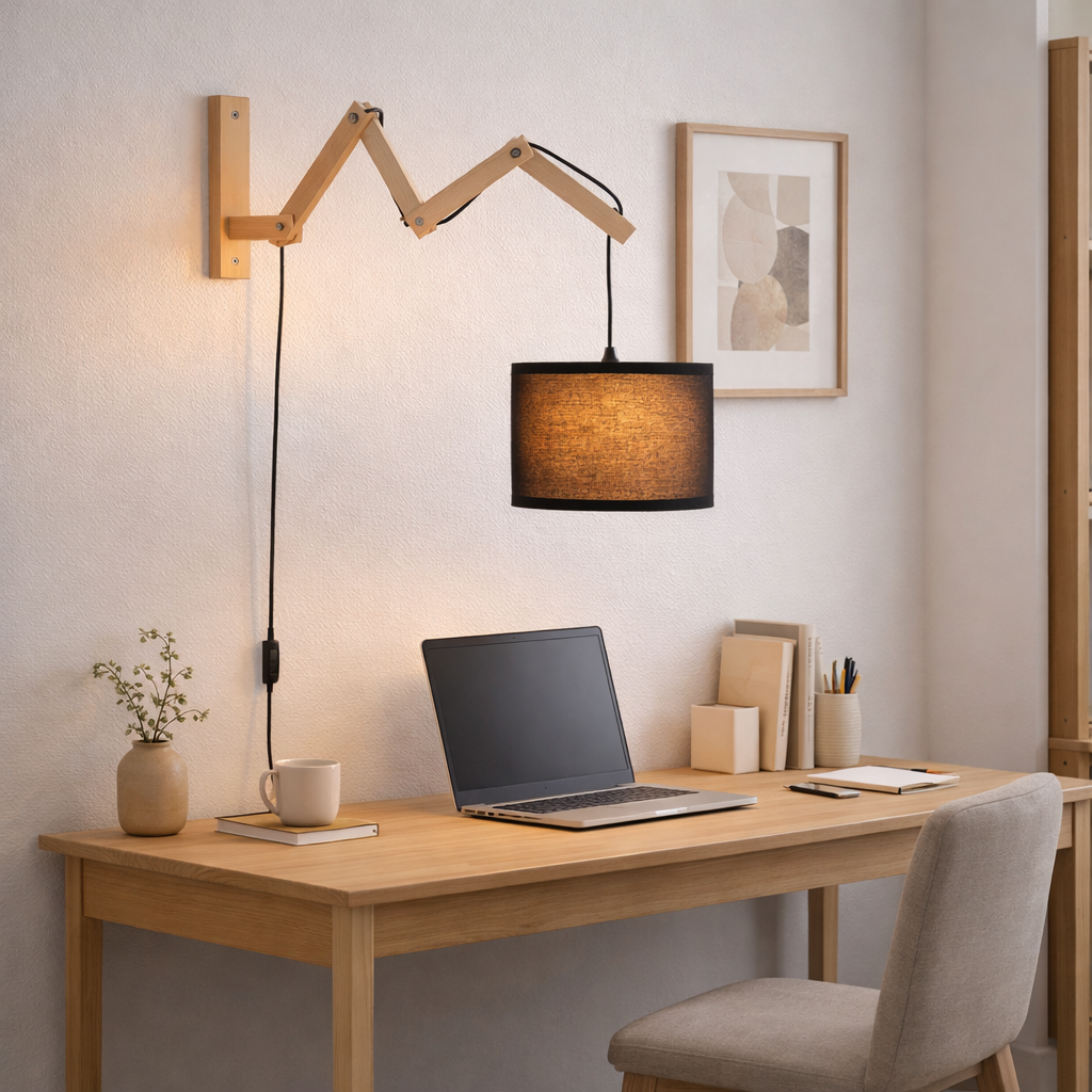 Un escritorio con portátil, taza y lámpara de pared.