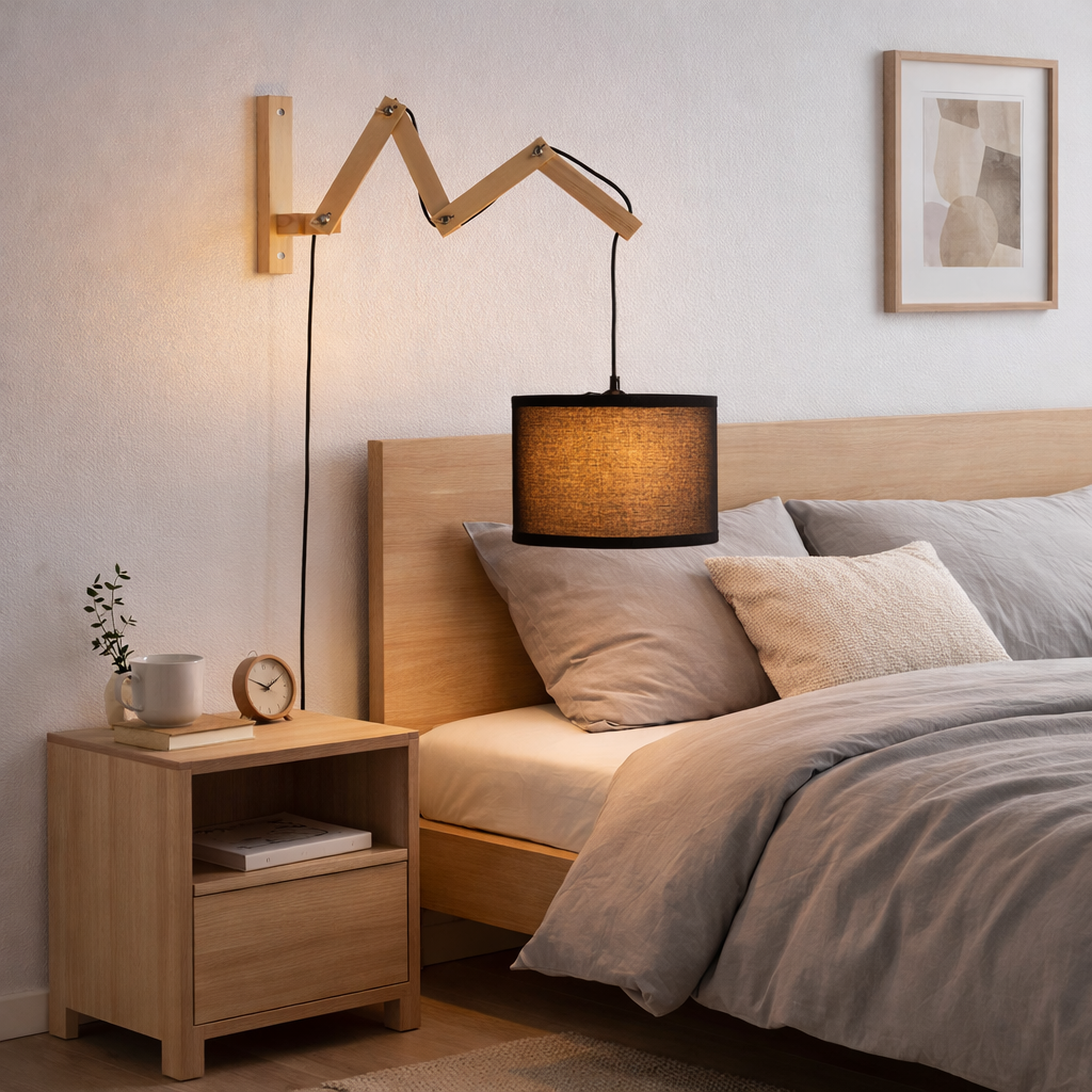 Un dormitorio con cama de madera, mesita de noche, lámpara y arte en la pared.