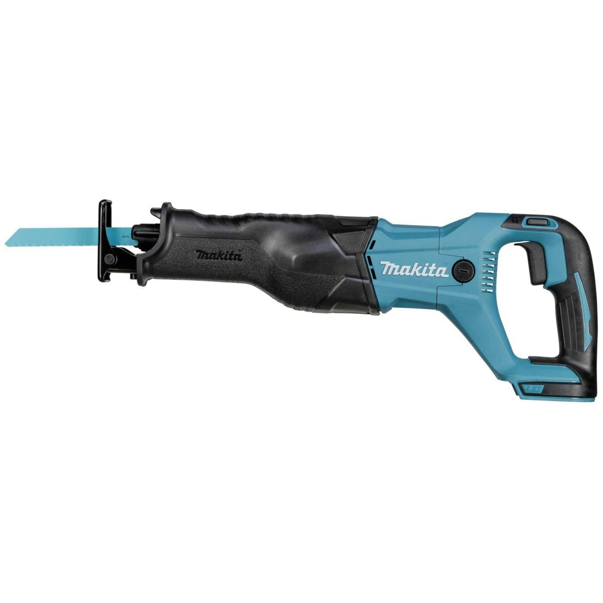 Ein blauer und schwarzer Makita Reciprosäge mit Sägeblatt.