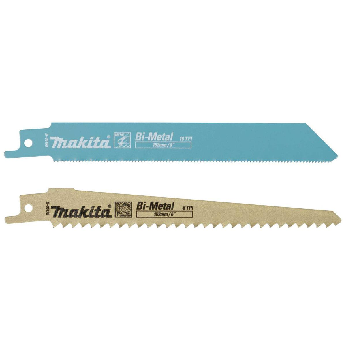 Zwei Makita Bi-Metal Sägeblätter, blau und goldfarben, mit Zähnen.