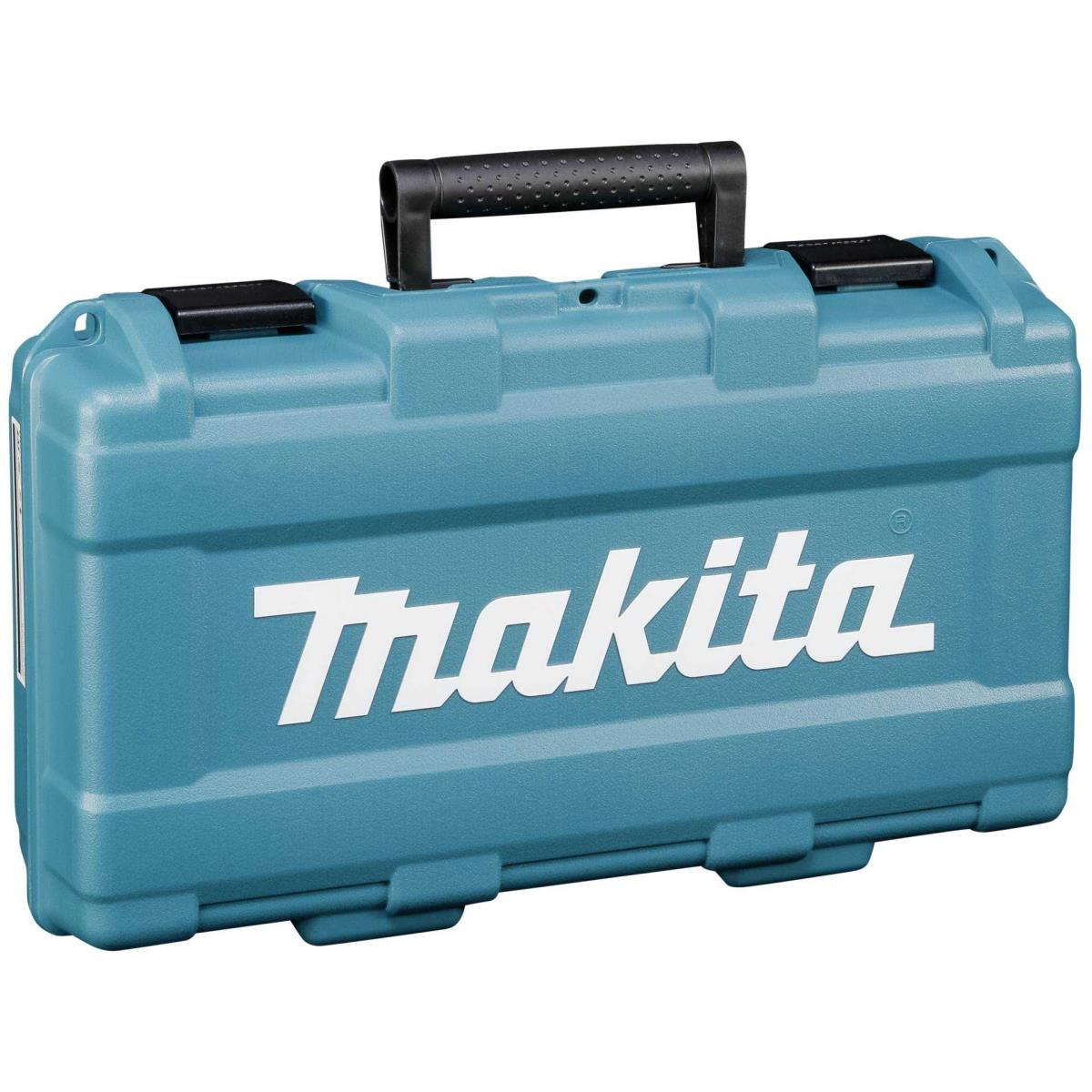Ein türkisfarbener Werkzeugkasten mit weißem Makita-Logo und schwarzem Griff.