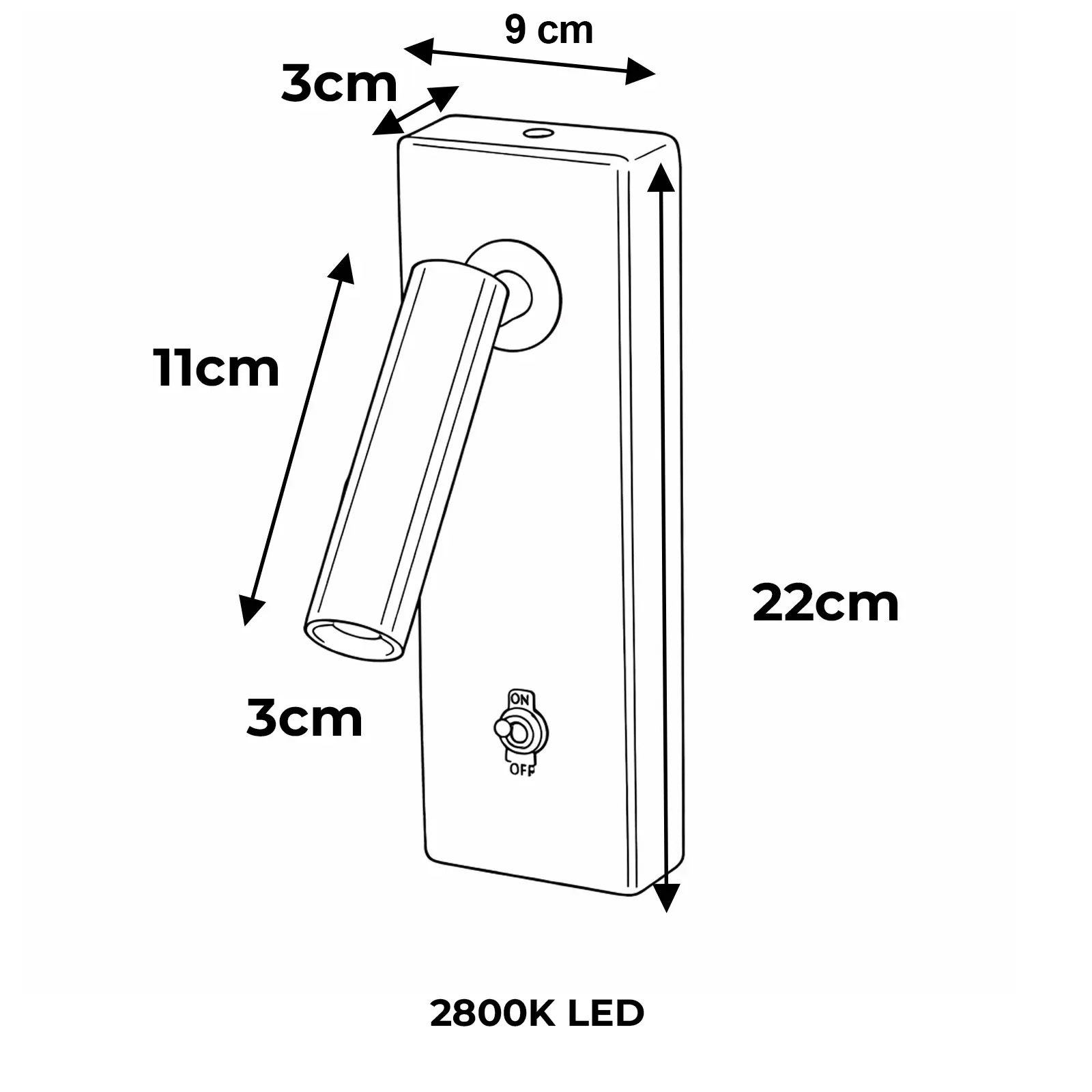 Una lámpara de pared con brazo ajustable, 22cm de alto, 9cm de ancho.