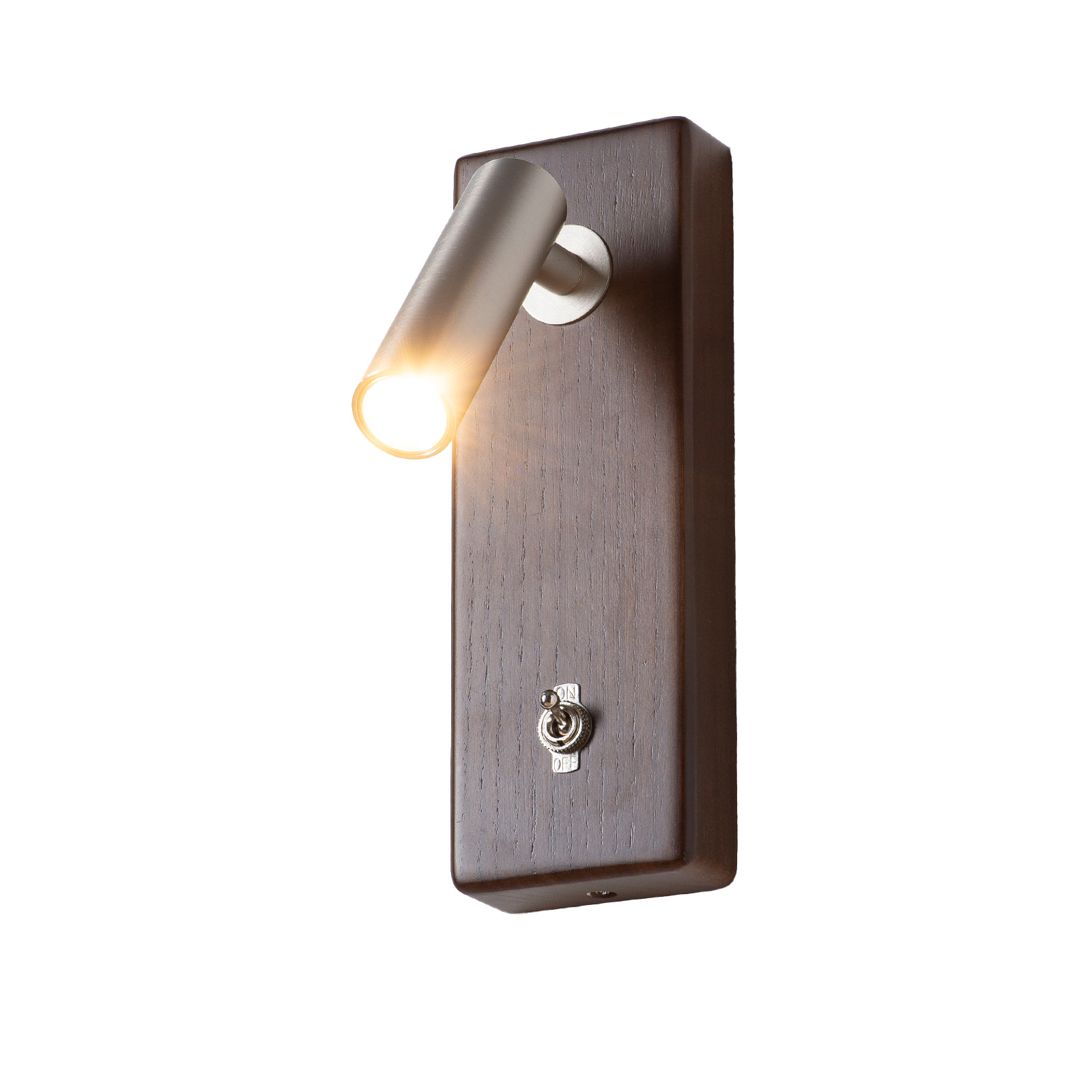 Lámpara de pared de madera marrón con foco metálico ajustable e interruptor.