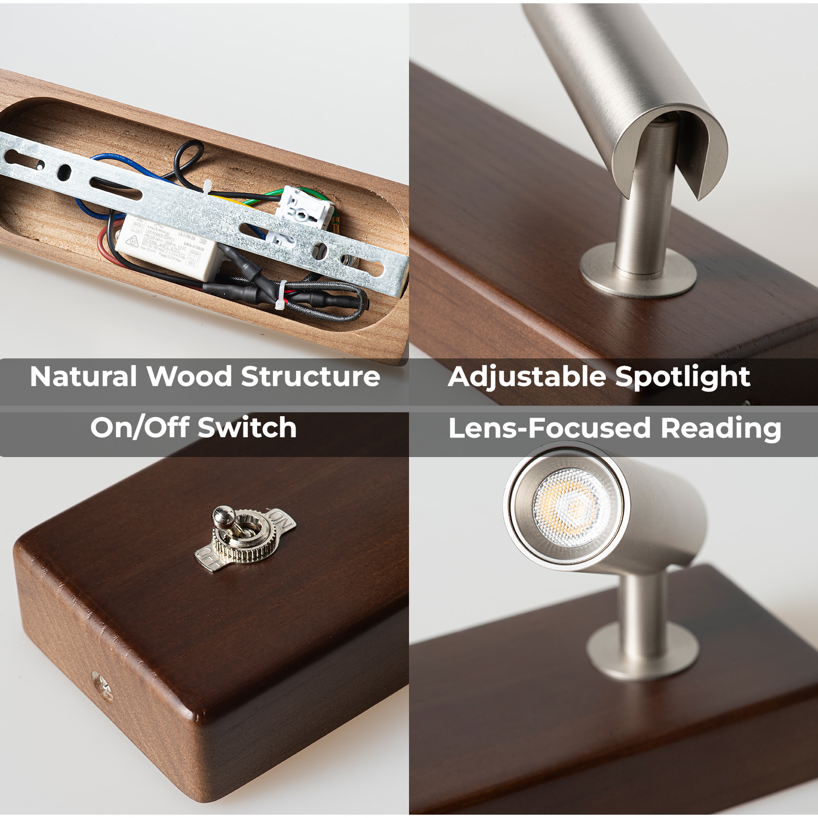 Lámpara de madera con foco ajustable y interruptor.