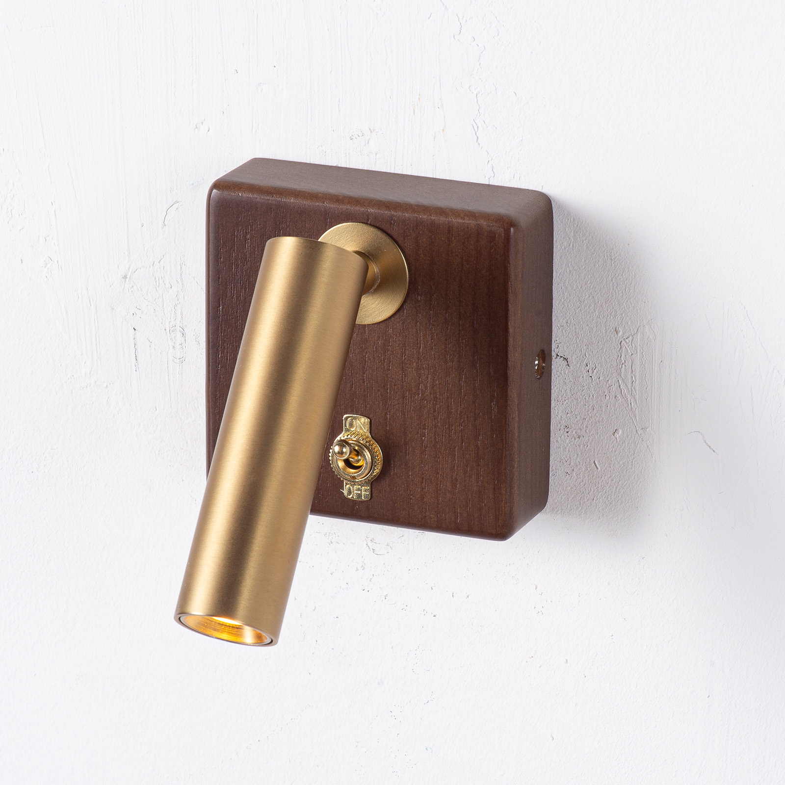 Una lámpara de pared de latón con base de madera oscura e interruptor.