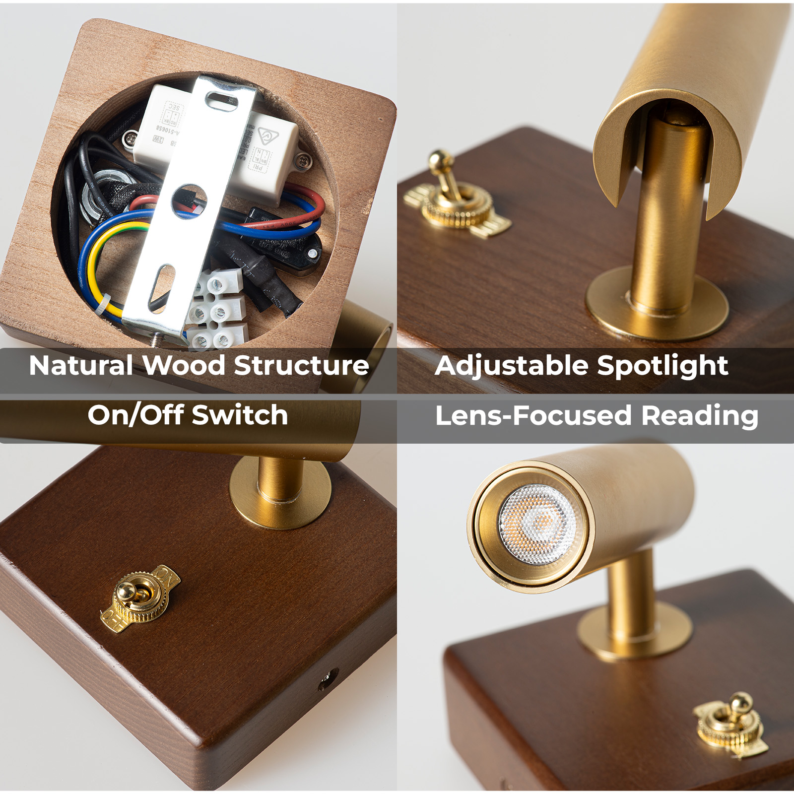 Lámpara de madera con detalles de latón: cableado interno, interruptor, foco ajustable.