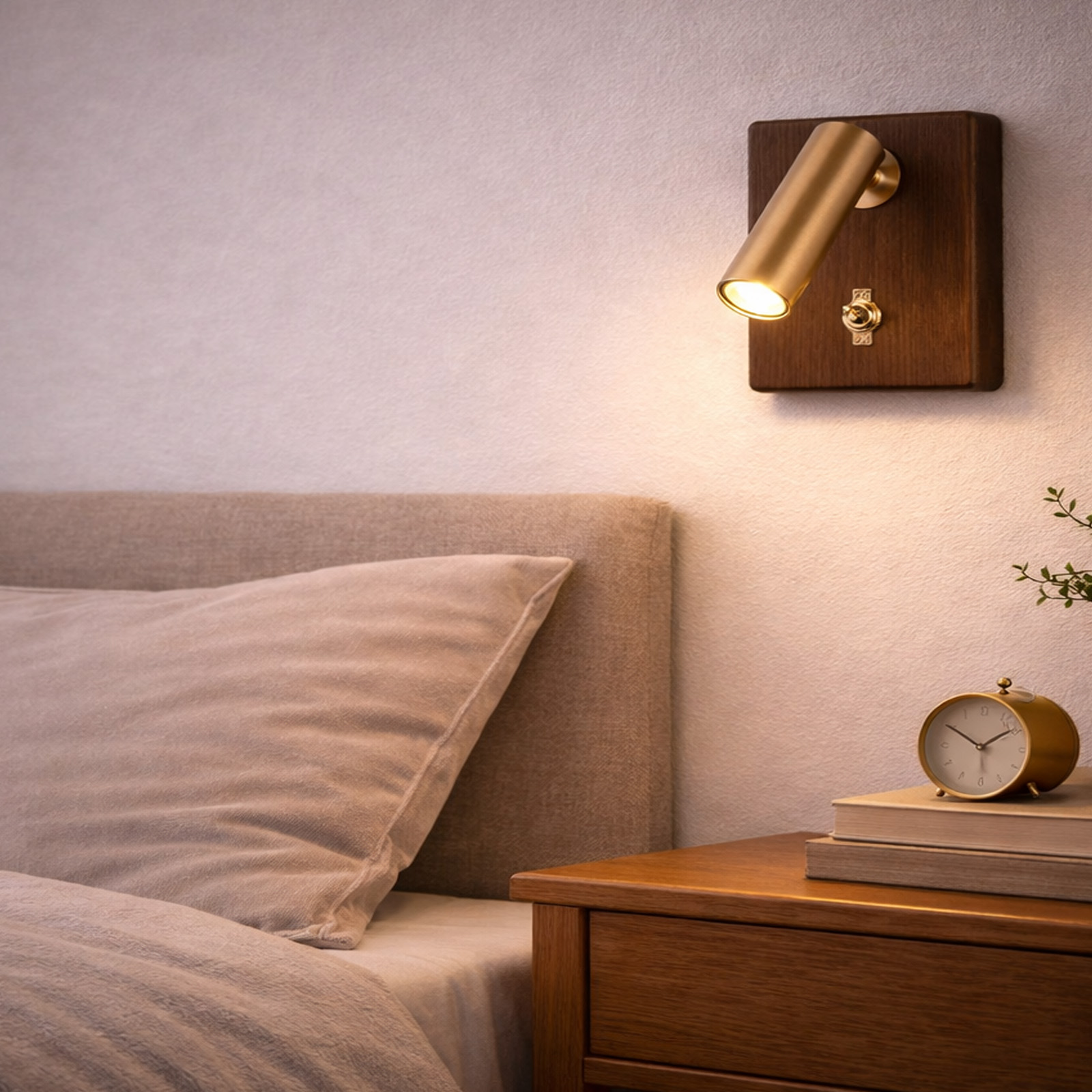 Lámpara de pared dorada sobre cama con mesita y reloj.