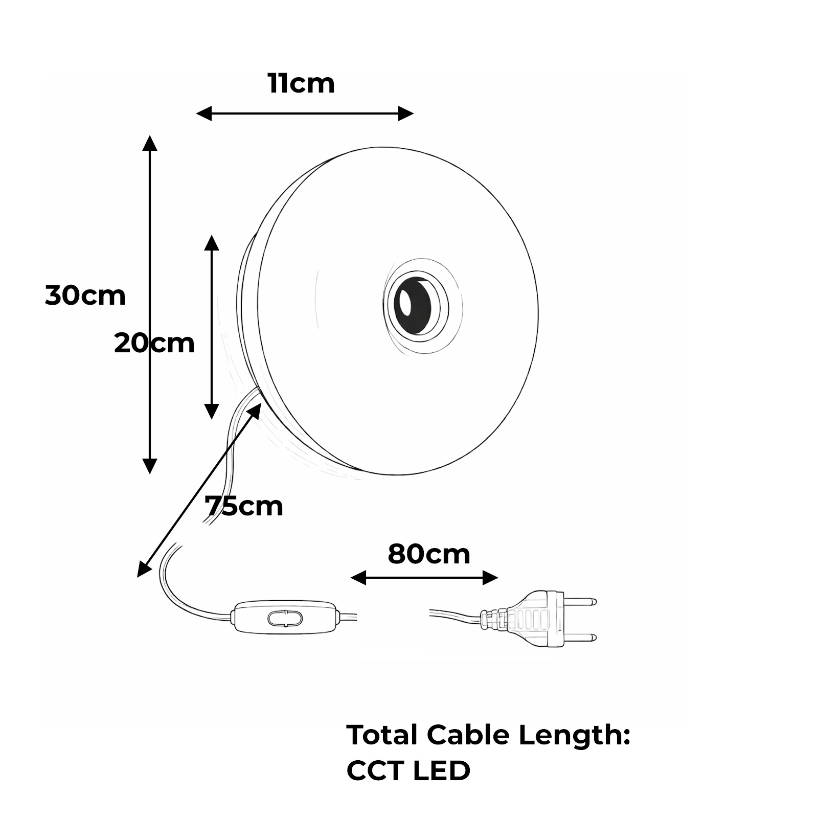 Dibujo lineal de una luminaria redonda con cable y enchufe. Dimensiones mostradas: 11cm, 20cm, 30cm, 75cm, 80cm.