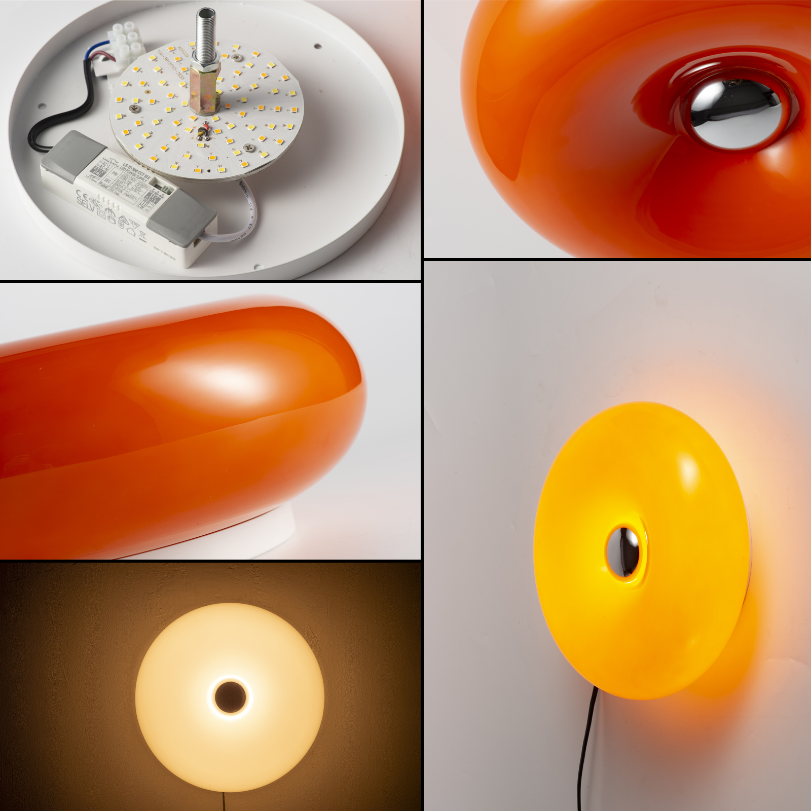 Collage de cinco imágenes: Interior de lámpara, orbe naranja, orbe naranja sobre blanco, luz de pared.