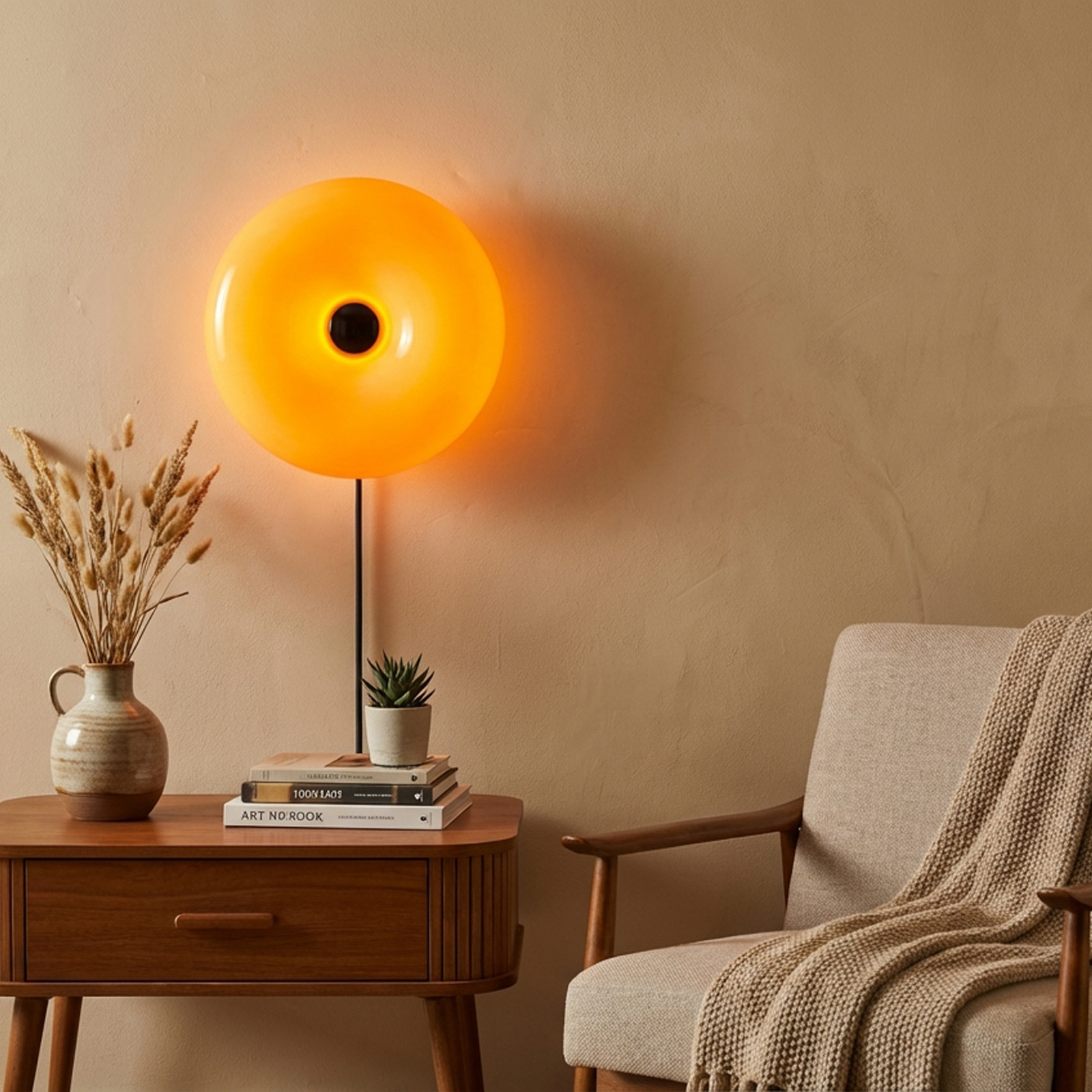 Una lámpara de pared naranja con un sillón sencillo y una mesita.