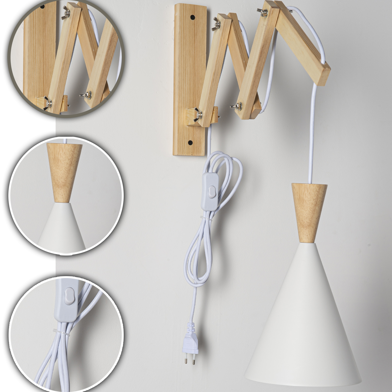 Un brazo de madera ajustable con pantalla blanca cuelga de la pared.