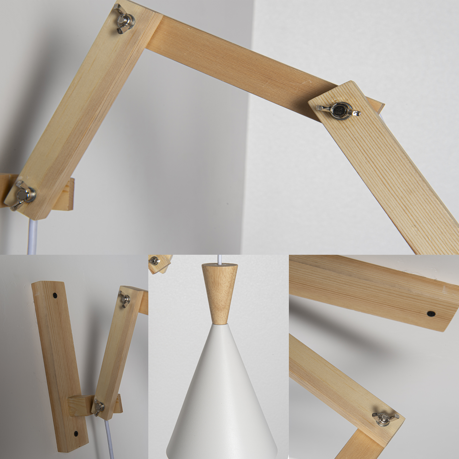 Un brazo de lámpara de madera ajustable con pantalla blanca.