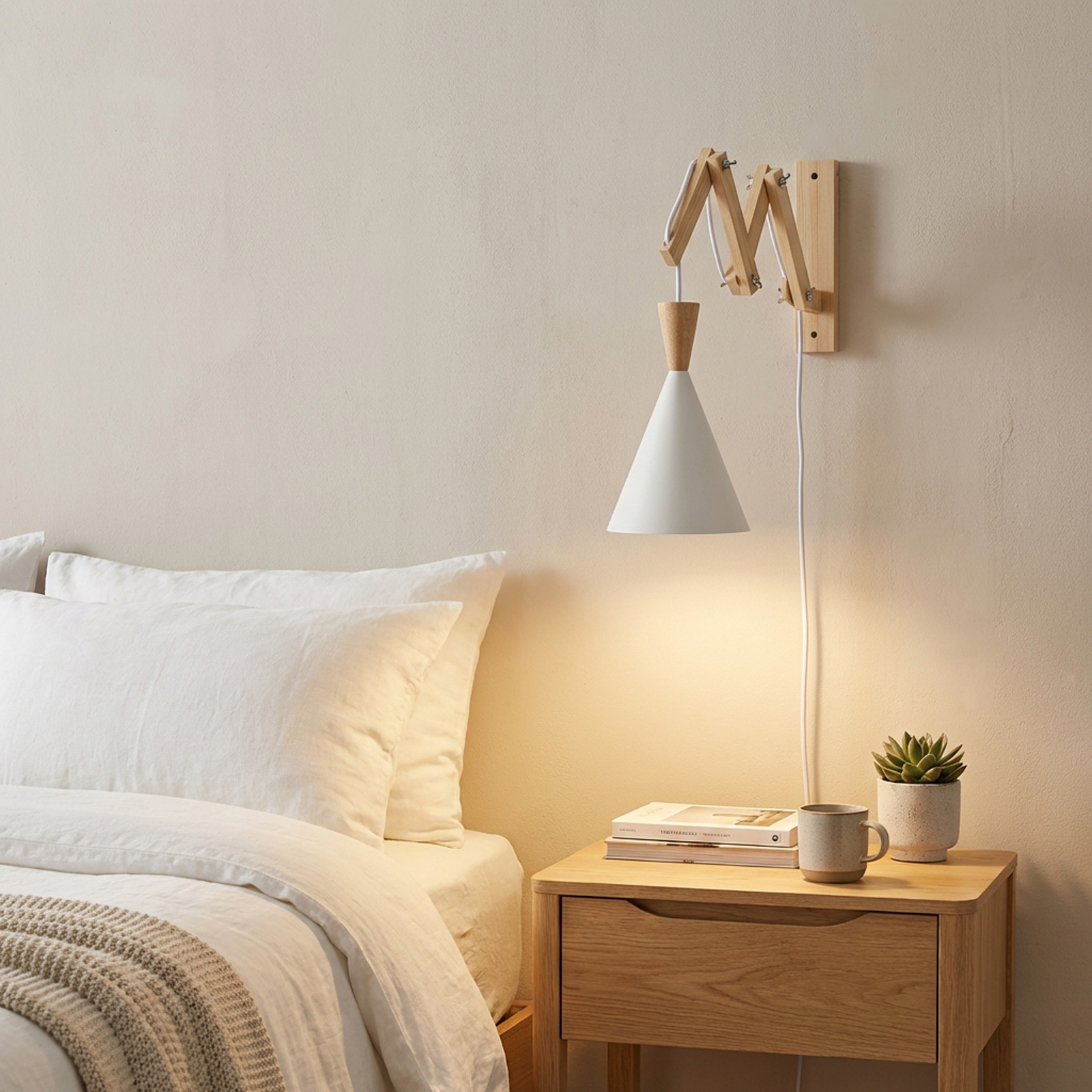 Una mesita de noche de madera junto a una cama, con lámpara, libro y planta.