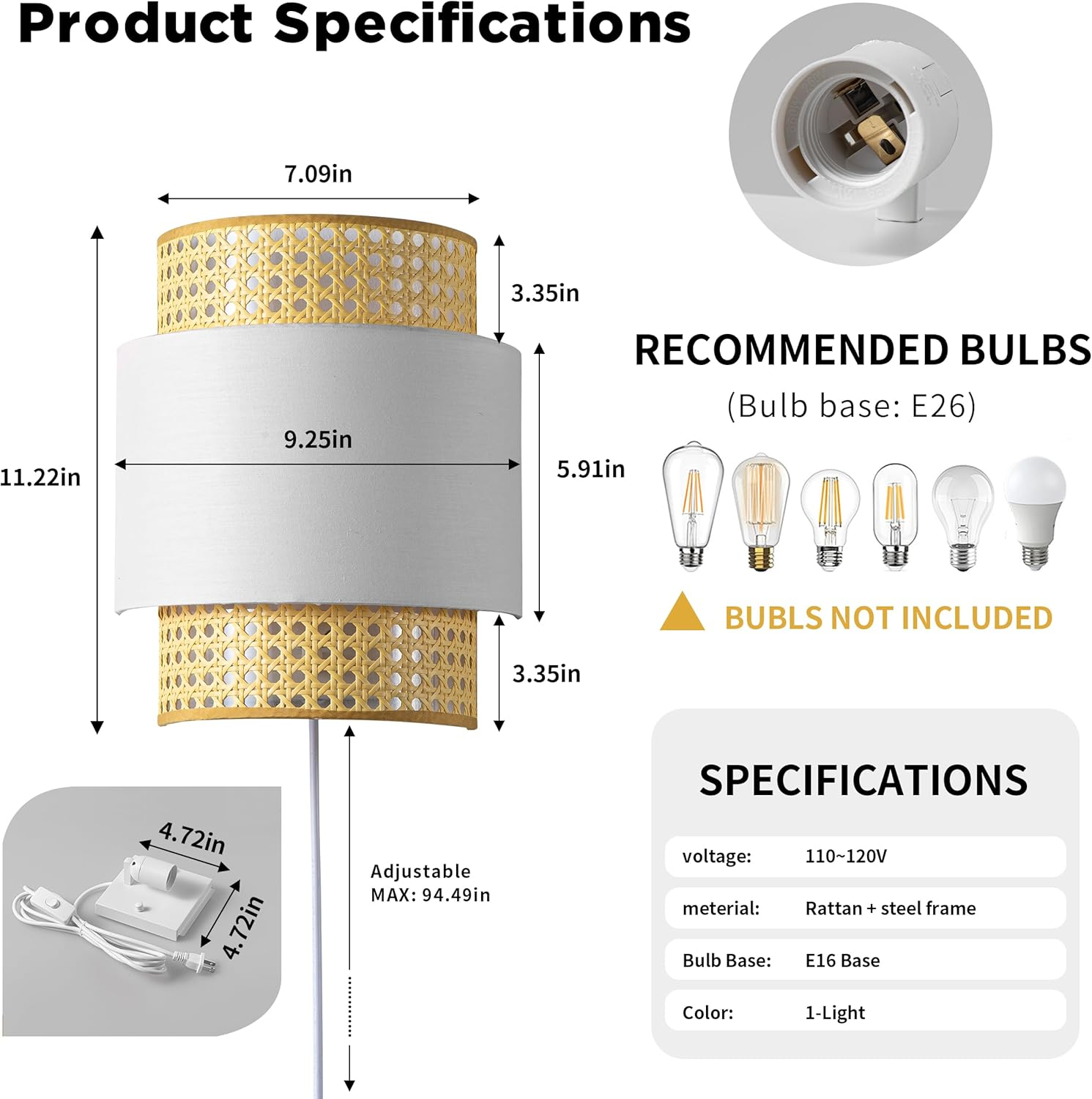 Especificaciones de la lámpara con dimensiones y bombillas recomendadas.