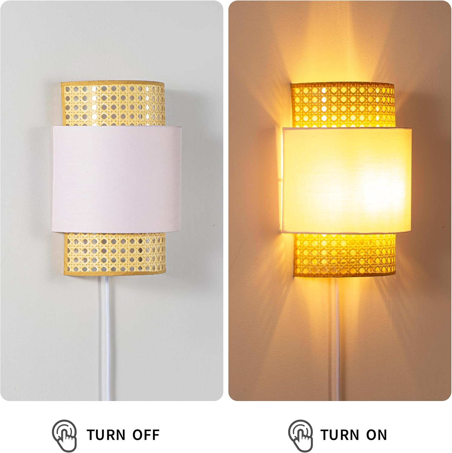 Lámpara de pared con detalles de ratán, apagada y luego encendida.