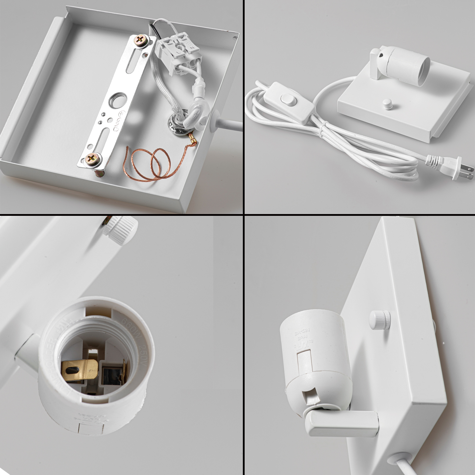 Cuatro primeros planos de una lámpara de pared blanca y sus componentes, incluido el cableado.