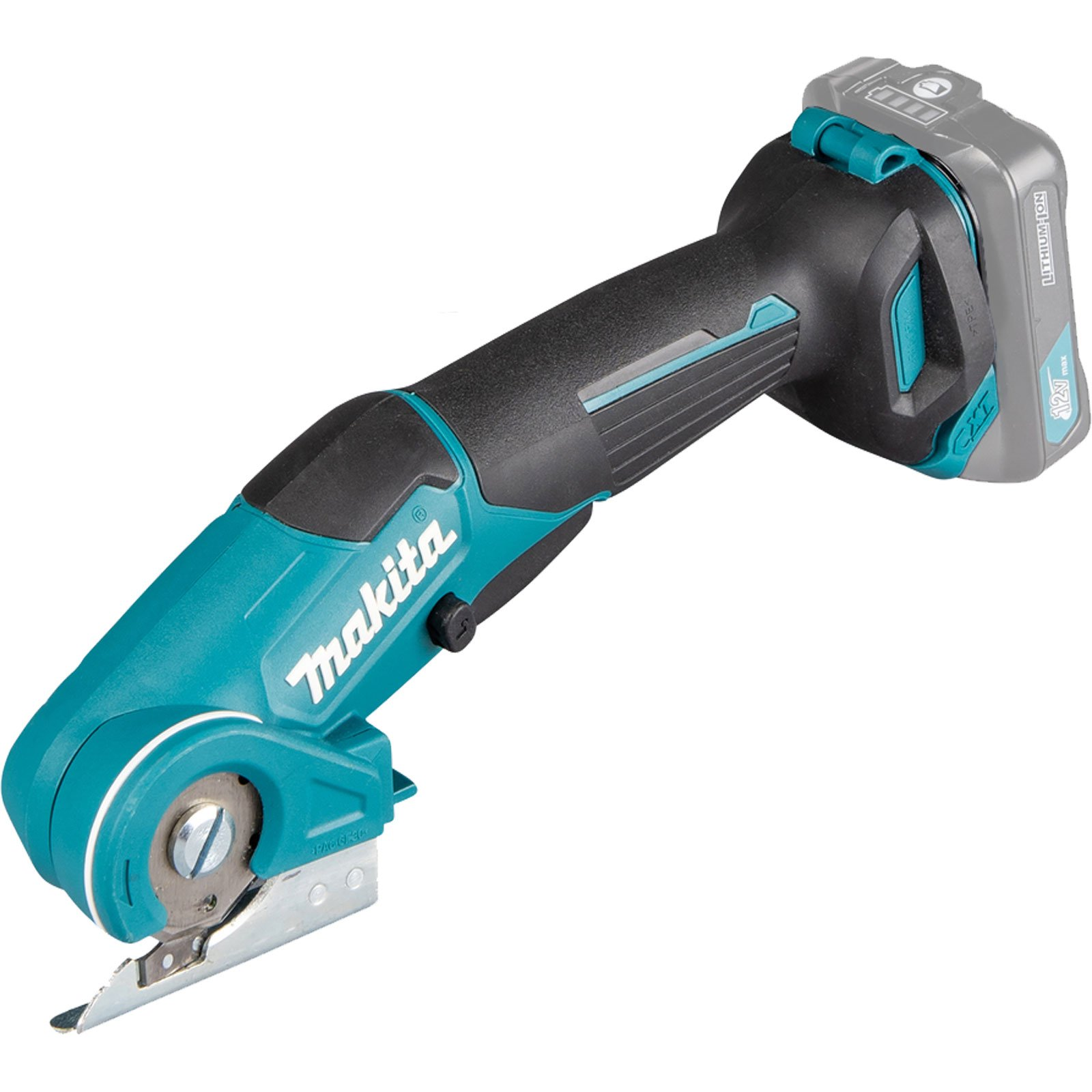 Ein teal und schwarzer Makita Akku-Schneider mit Klinge.