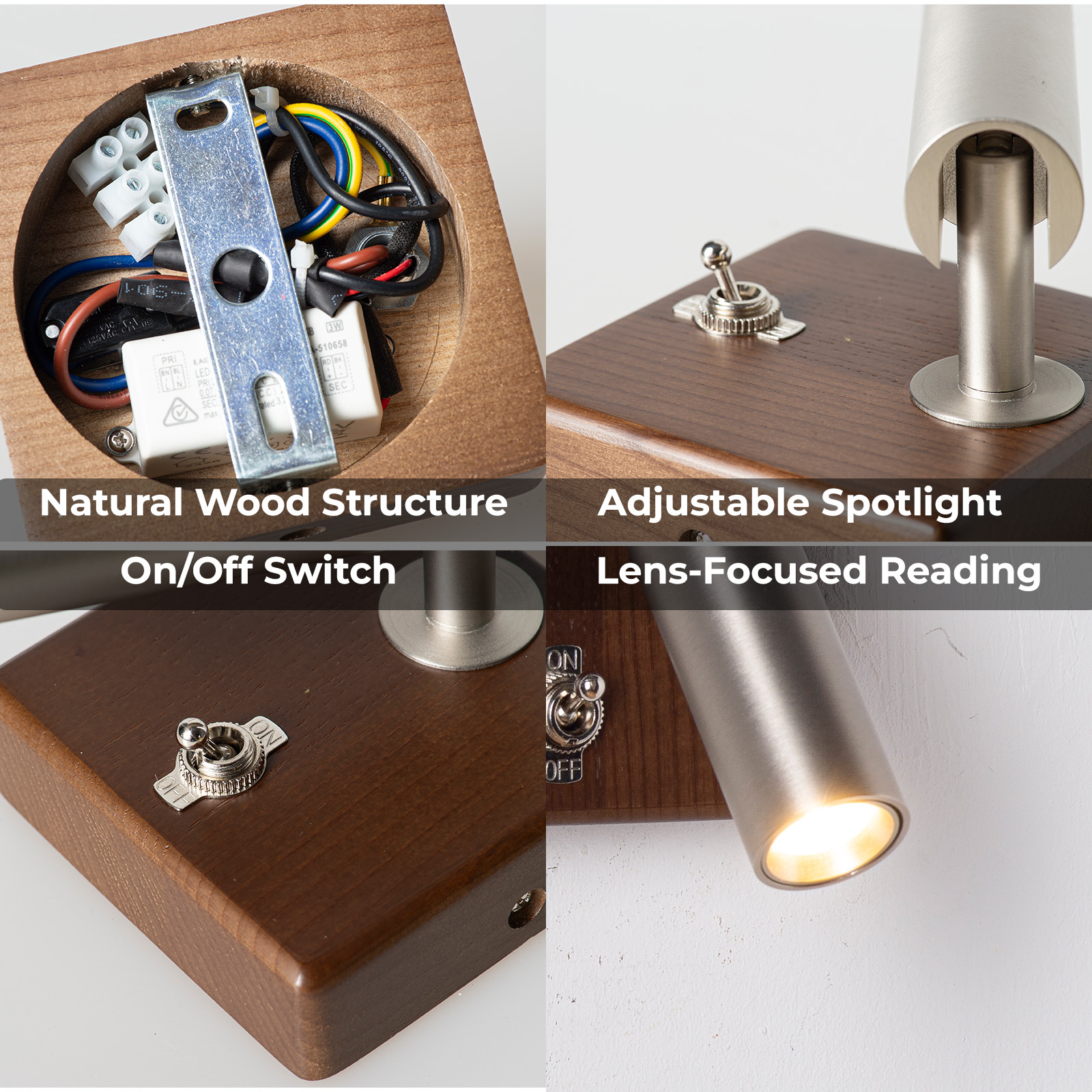 Estructura de madera con interruptor y foco ajustable.