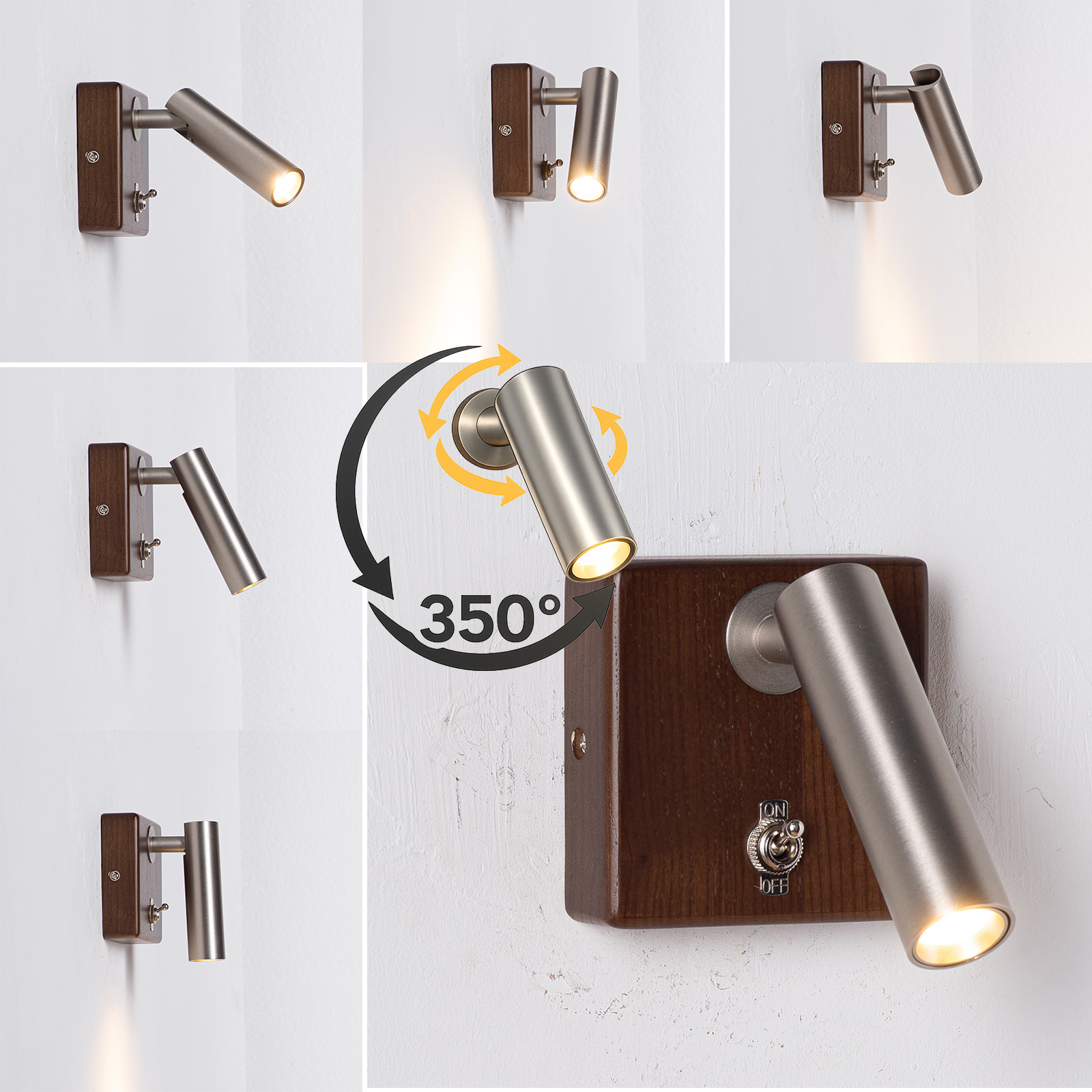 Una lámpara de pared con base de madera, brazo metálico ajustable y luz.