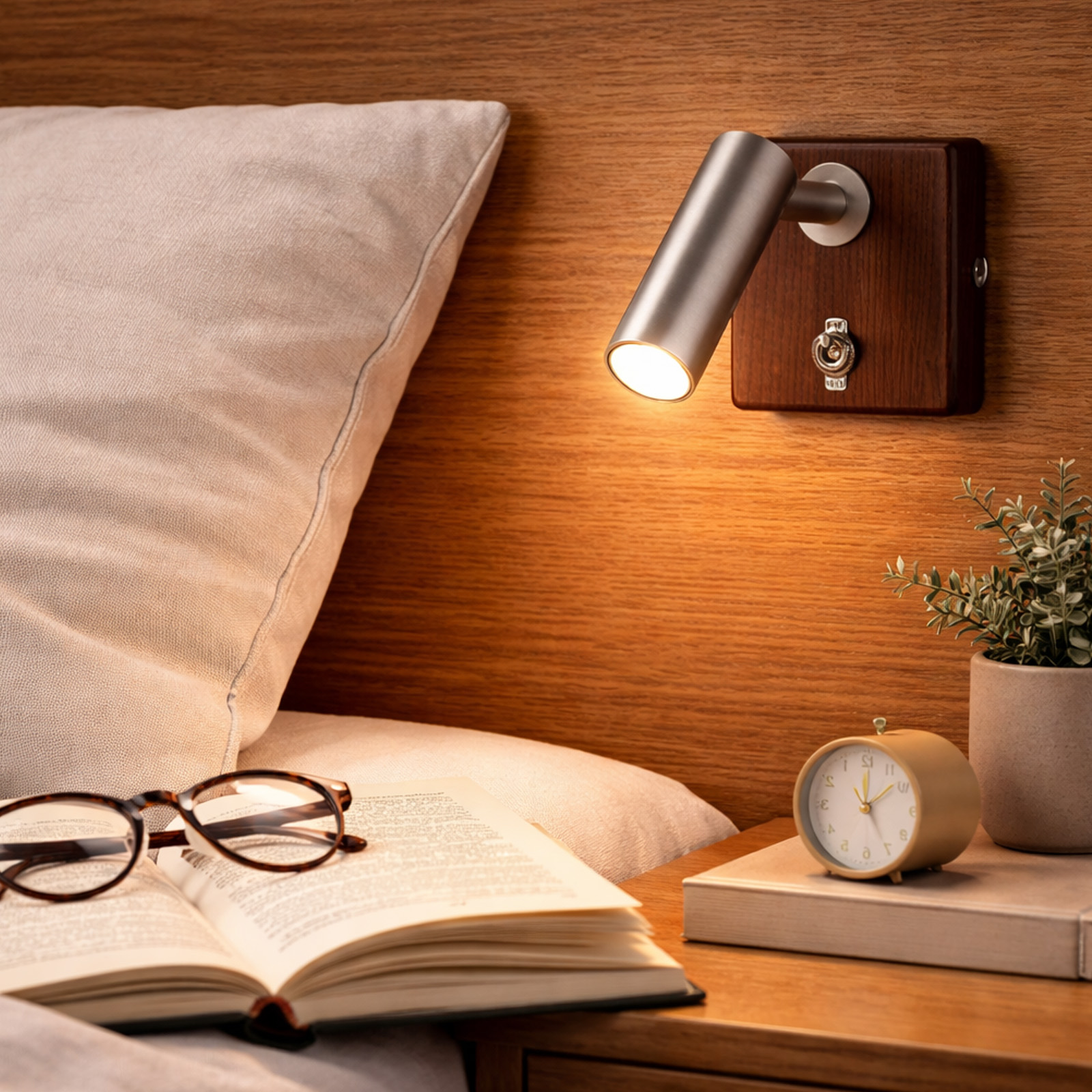 Una mesita de noche con libro, gafas, reloj y lámpara.