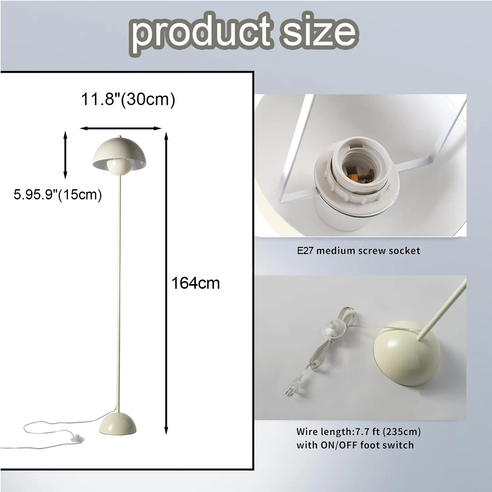 Una lámpara de pie con dimensiones de 164cm de alto y 30cm de ancho.