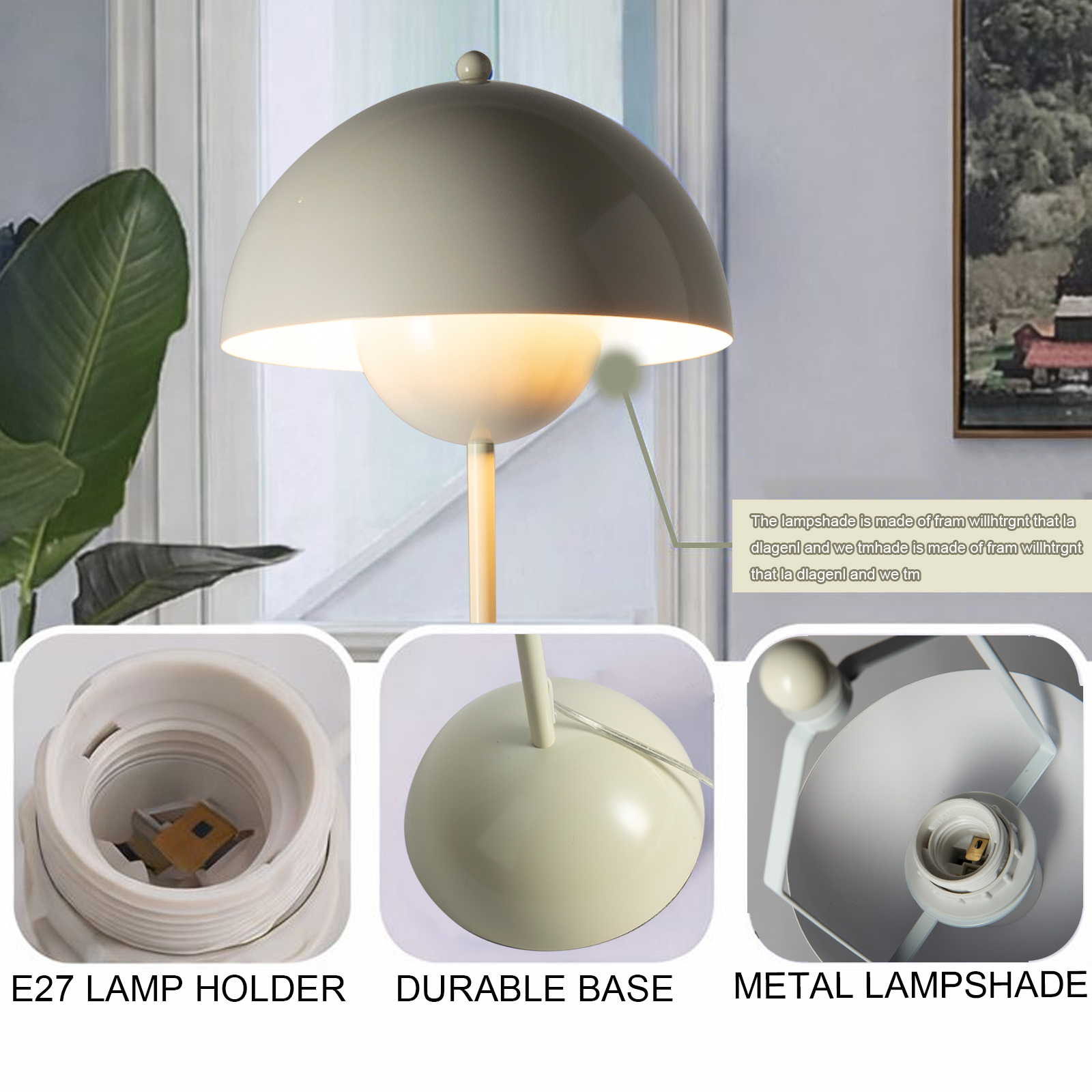 Lámpara de pie color crema con portalámparas E27, base duradera y pantalla metálica.
