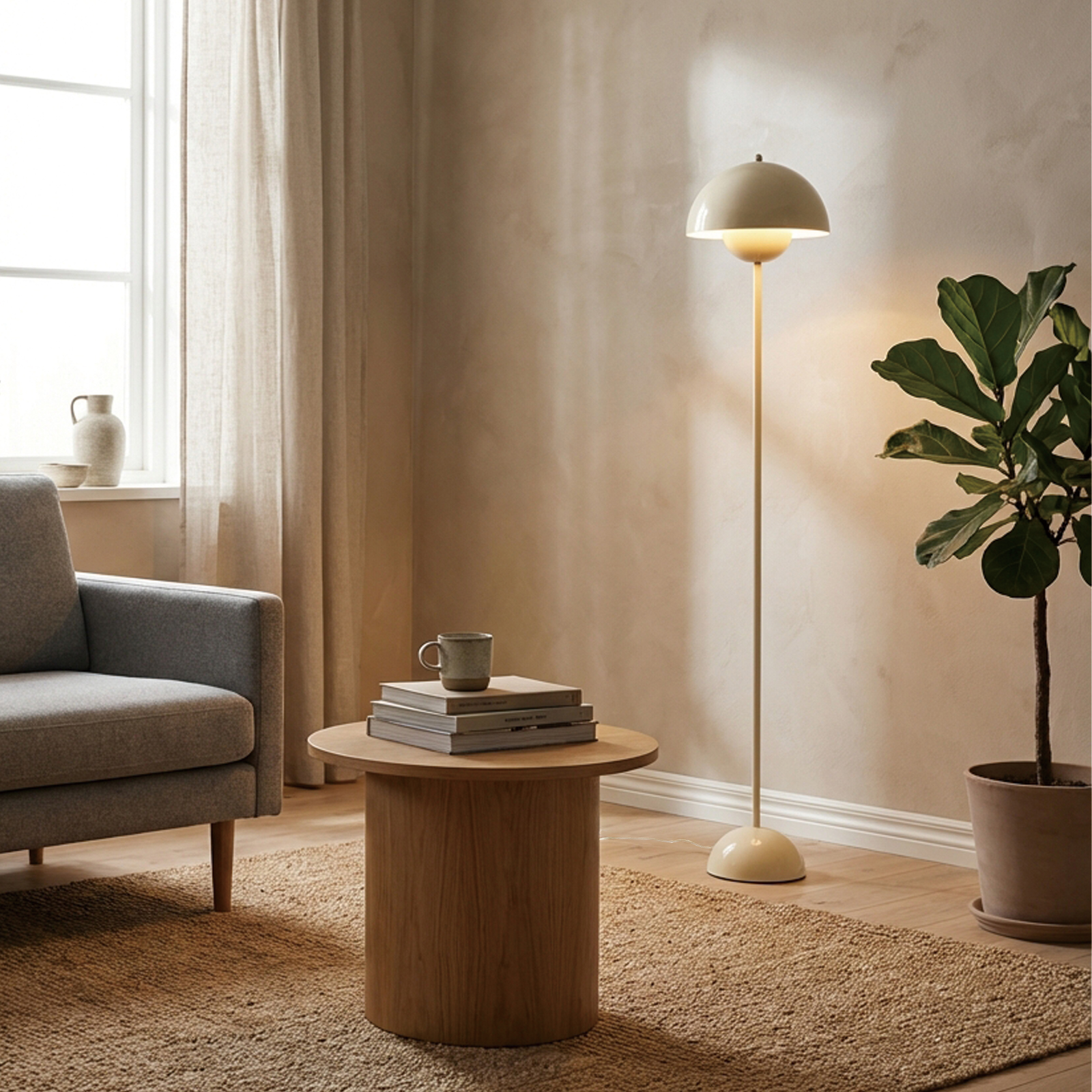 Una sala de estar acogedora con sofá, mesa de centro, lámpara y planta.