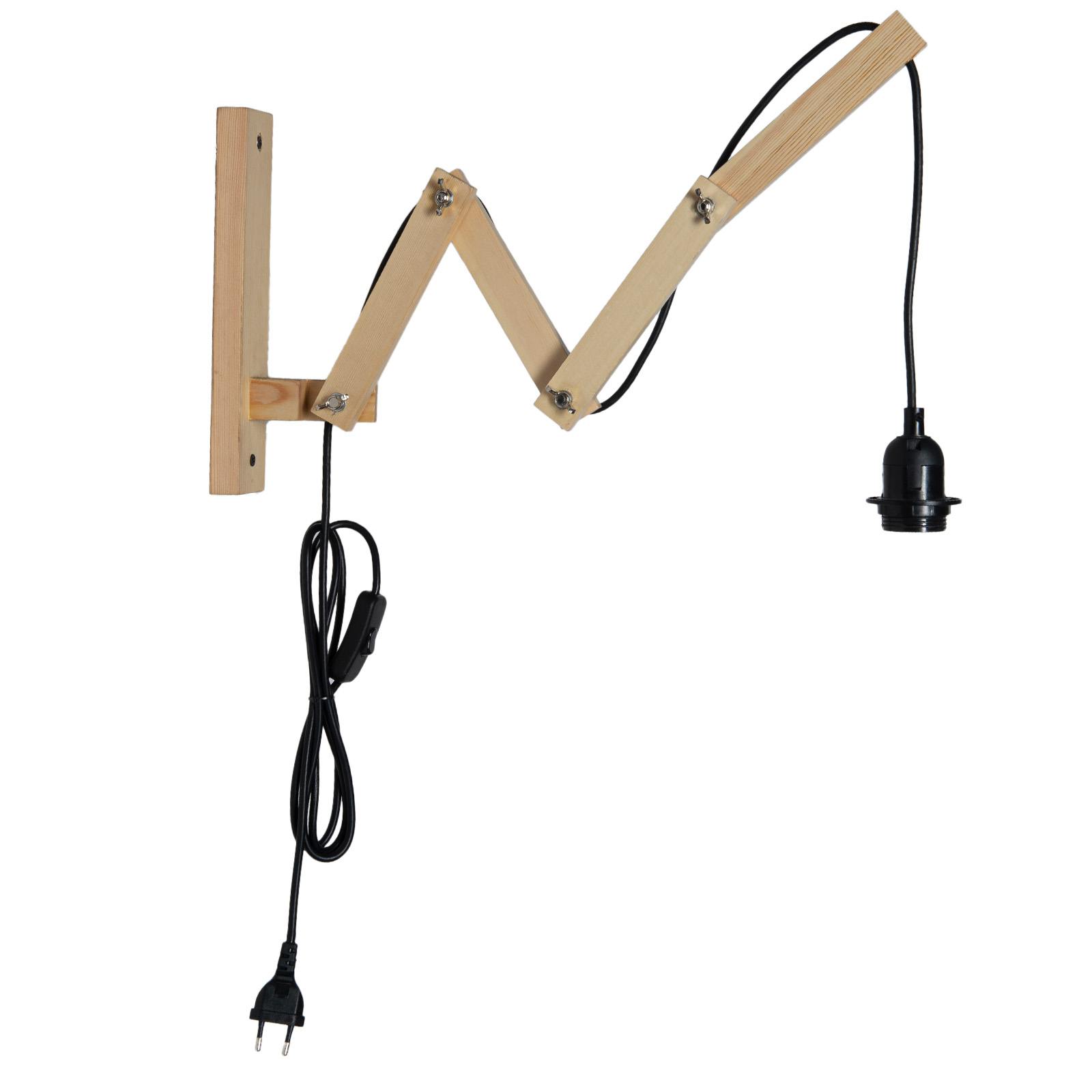 Lámpara de pared de madera con brazo ajustable y cable negro con enchufe.