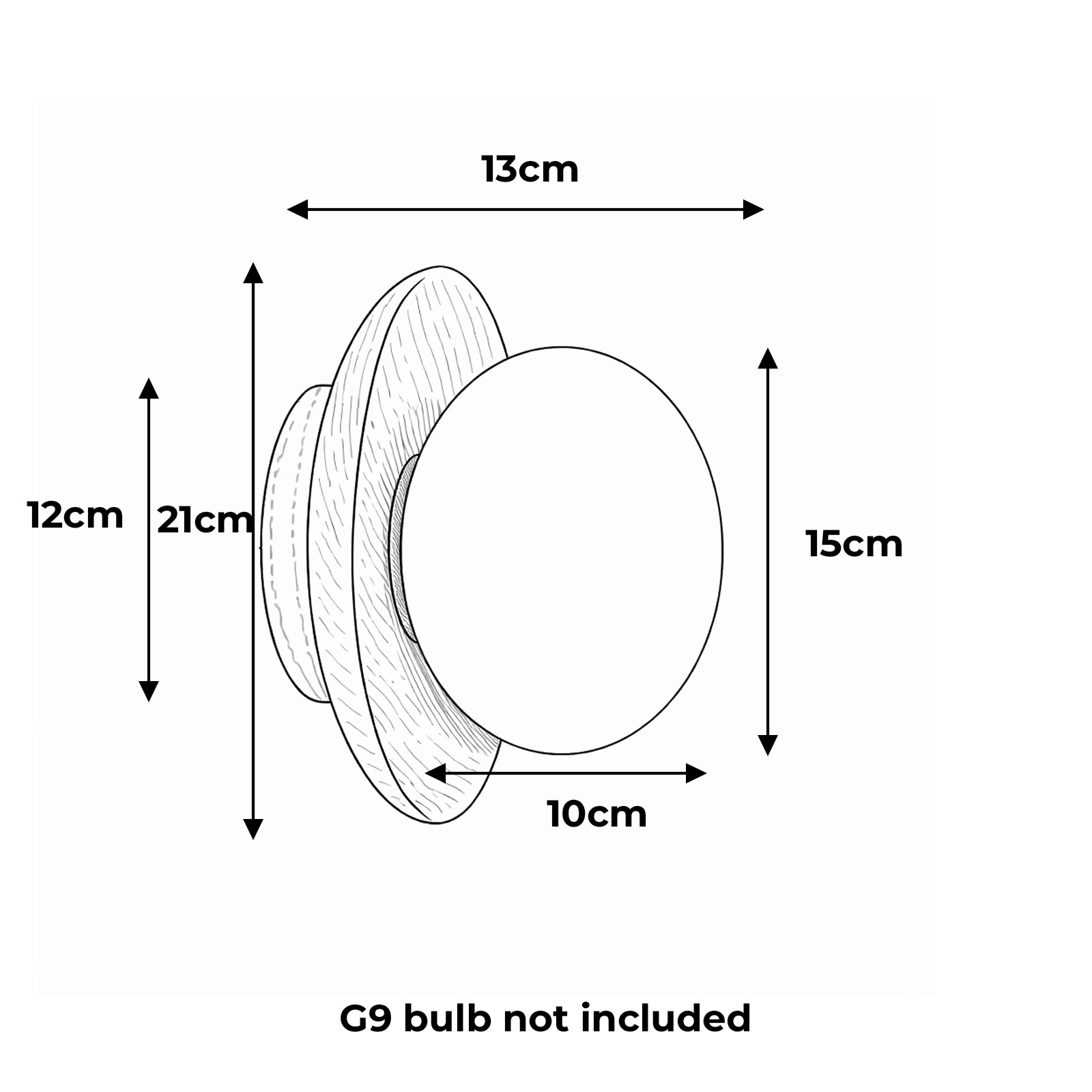 Dibujo técnico de aplique de pared con dimensiones: 13cm ancho, 15cm alto, 10cm profundo. Bombilla G9 no incluida.