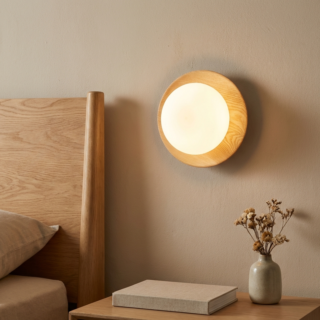Lámpara de noche de madera con difusor circular y marco de cama de madera.