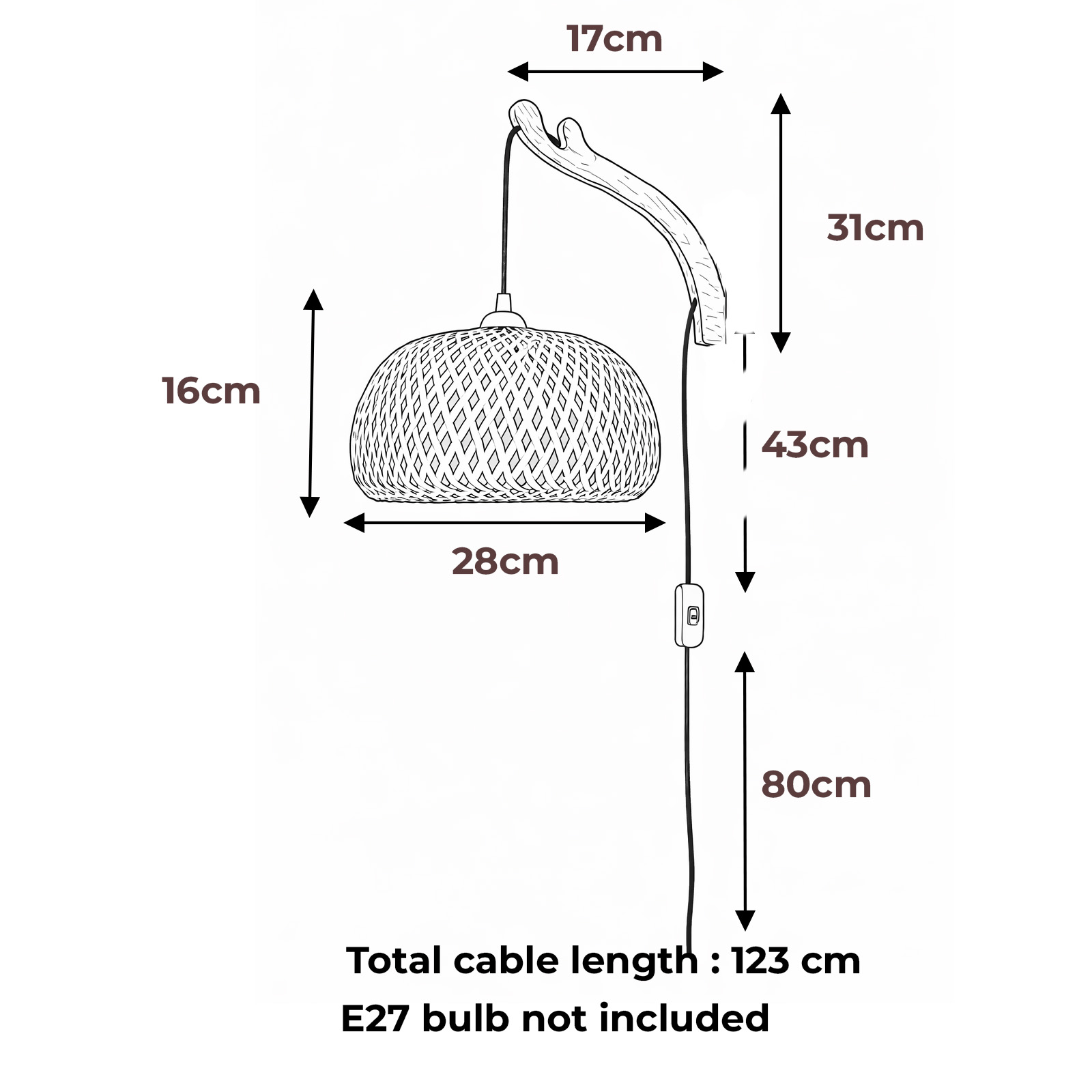 Una lámpara de pared con pantalla tejida, se muestran las dimensiones.