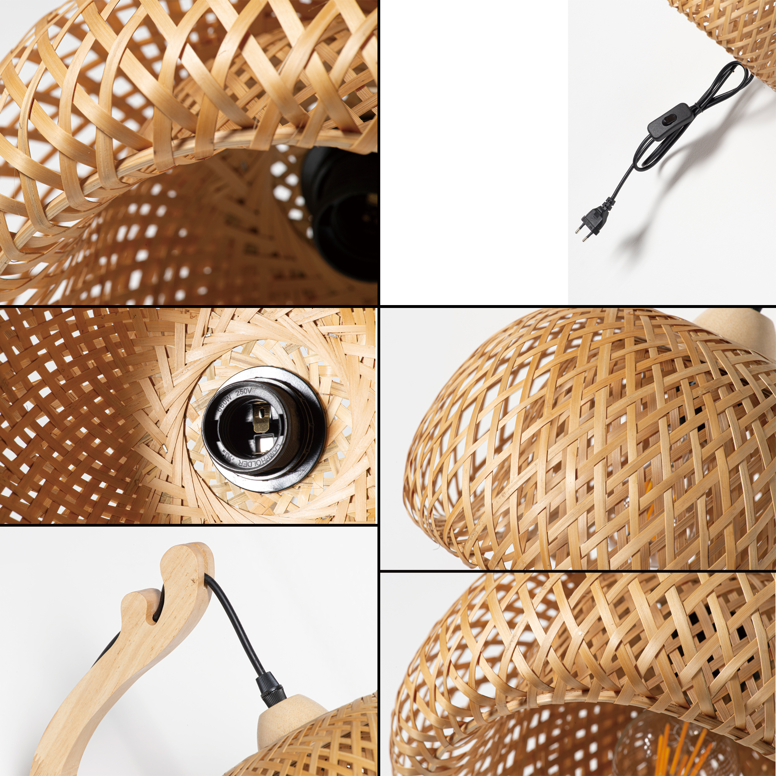 Una lámpara de mimbre tejida natural con detalles de madera y cable negro.