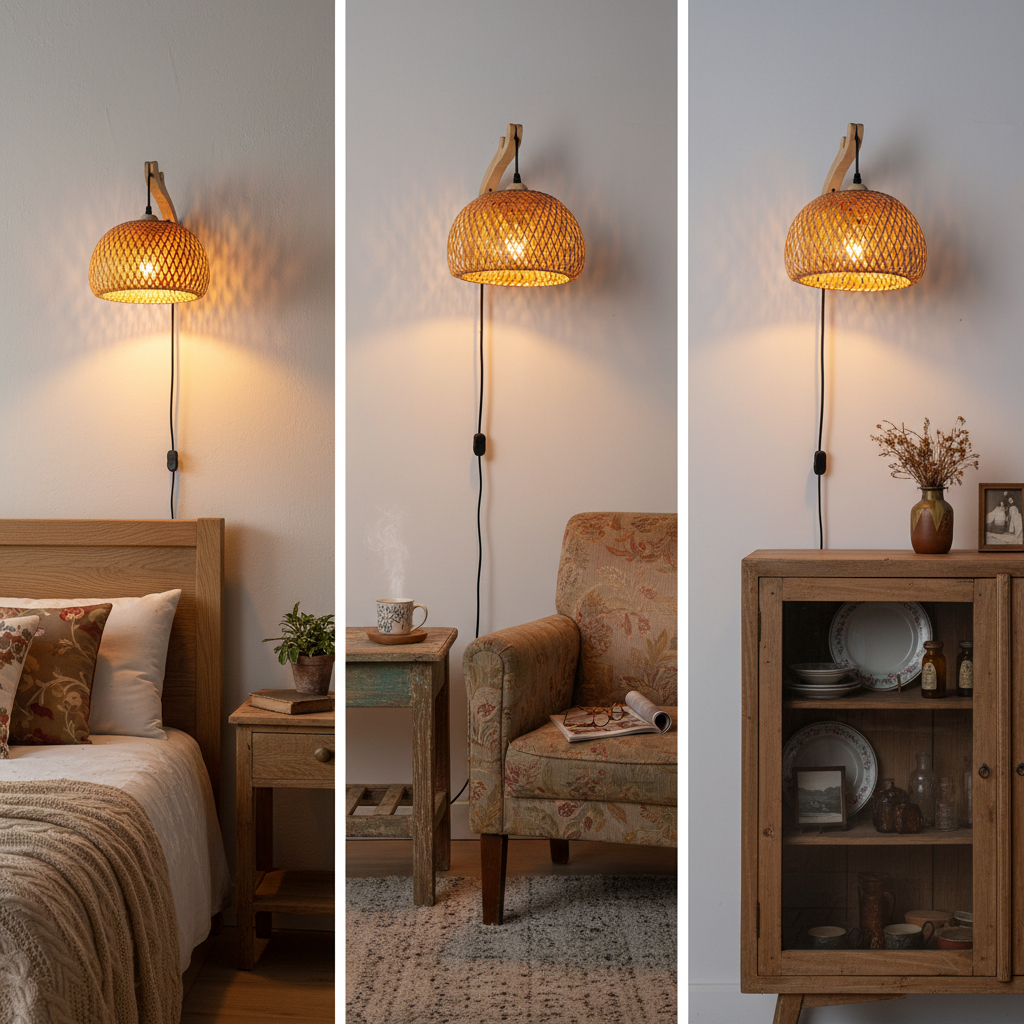 Una pantalla de lámpara de pared de ratán ilumina una habitación con muebles.
