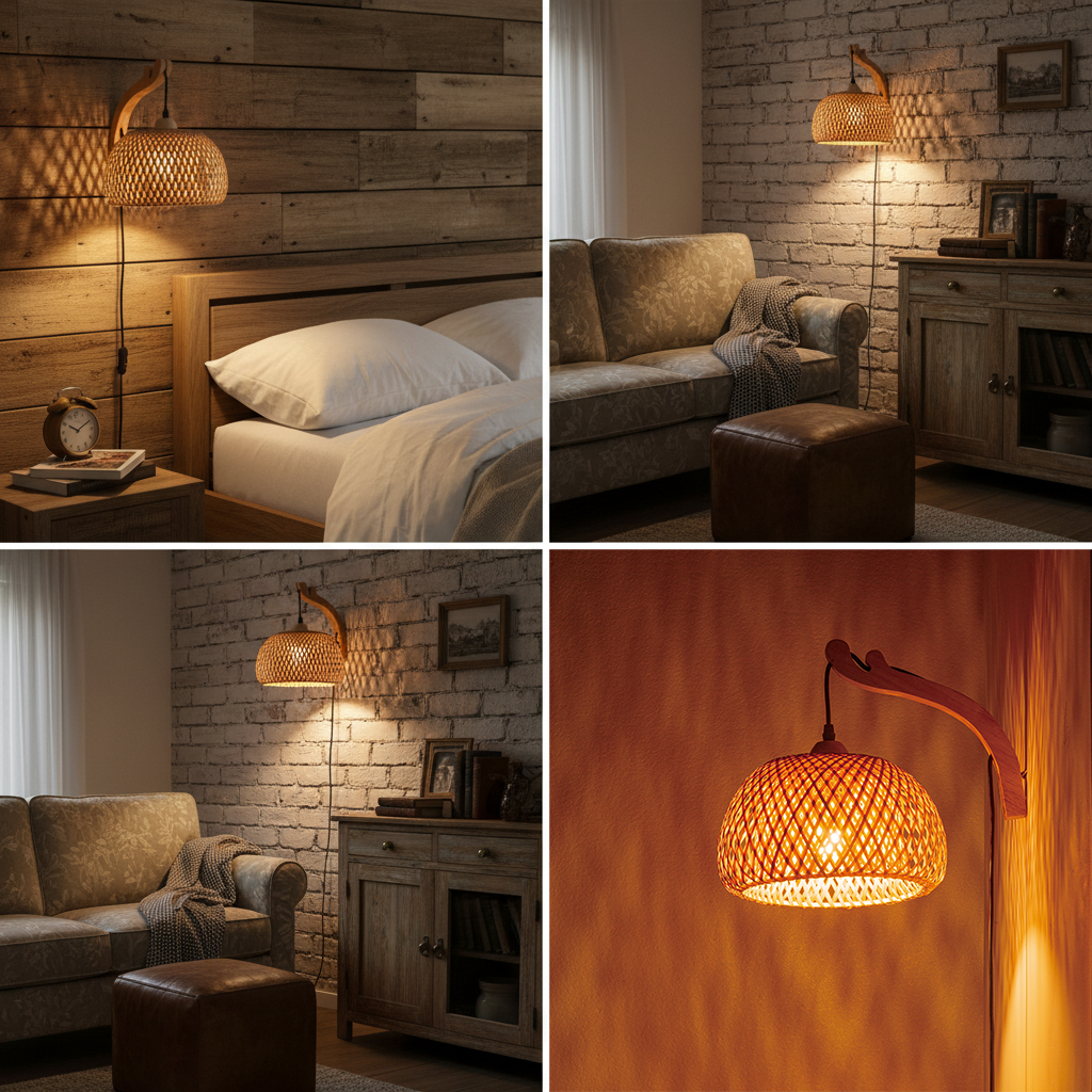Una pantalla de lámpara de madera tejida ilumina un dormitorio y una sala.