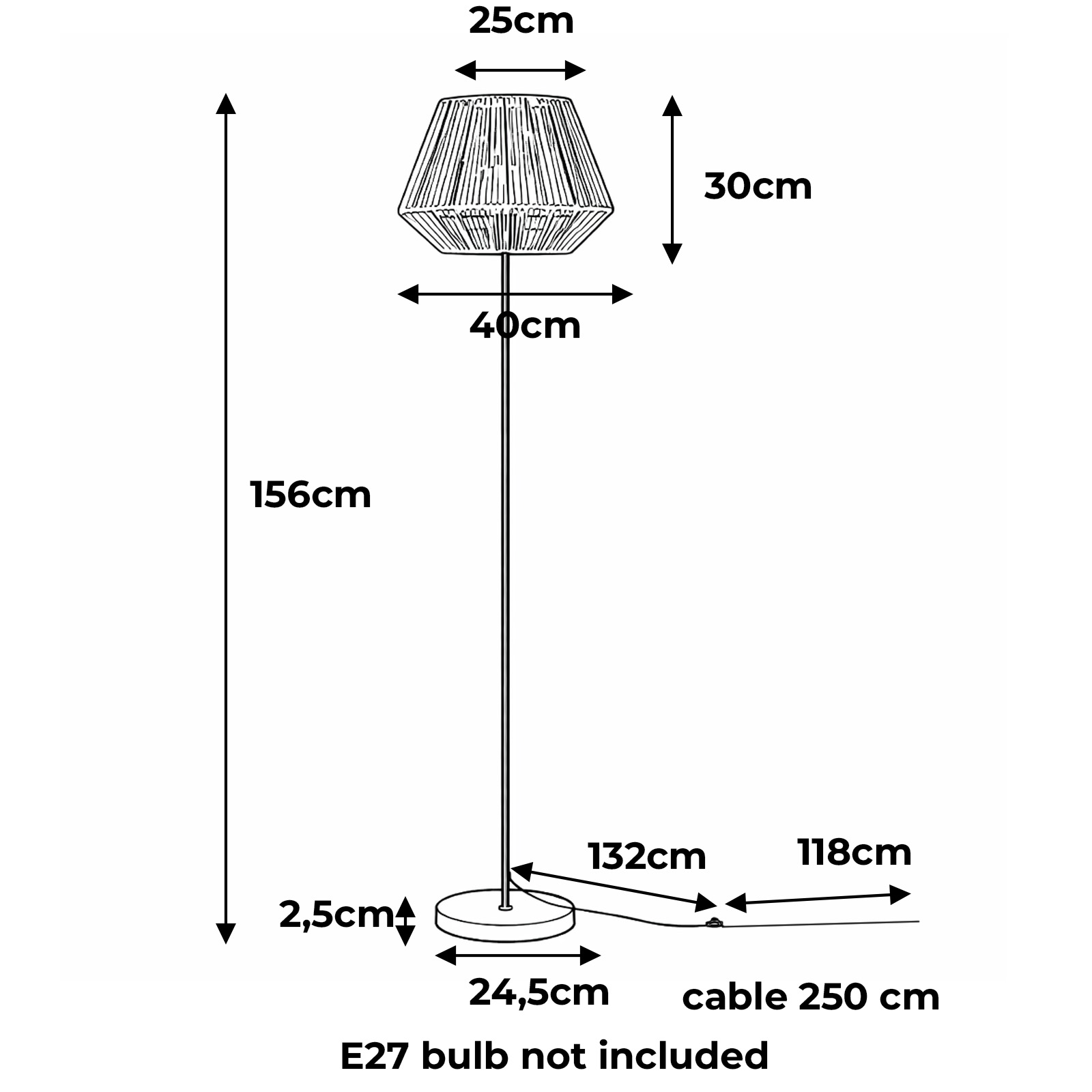 Lámpara de pie con dimensiones: Alto 156cm, pantalla 25x30x40cm. Base 24,5cm.