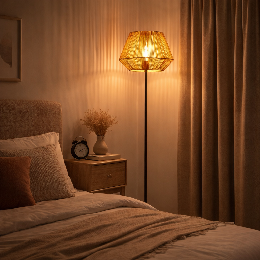 Una acogedora escena de dormitorio con cama, mesita de noche, despertador, jarrón y lámpara de pie.