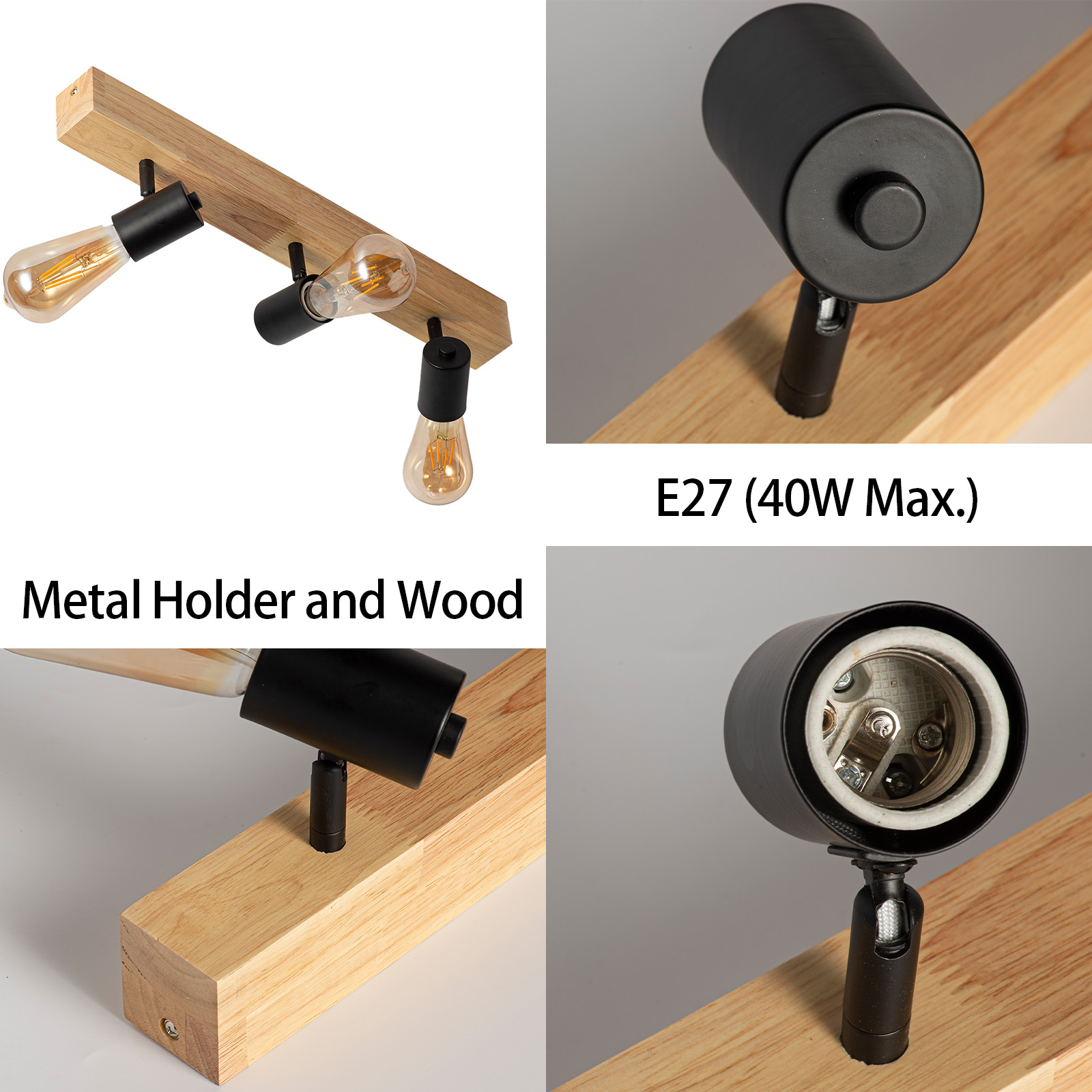 Una viga de madera con tres portalámparas negros y bombillas Edison.